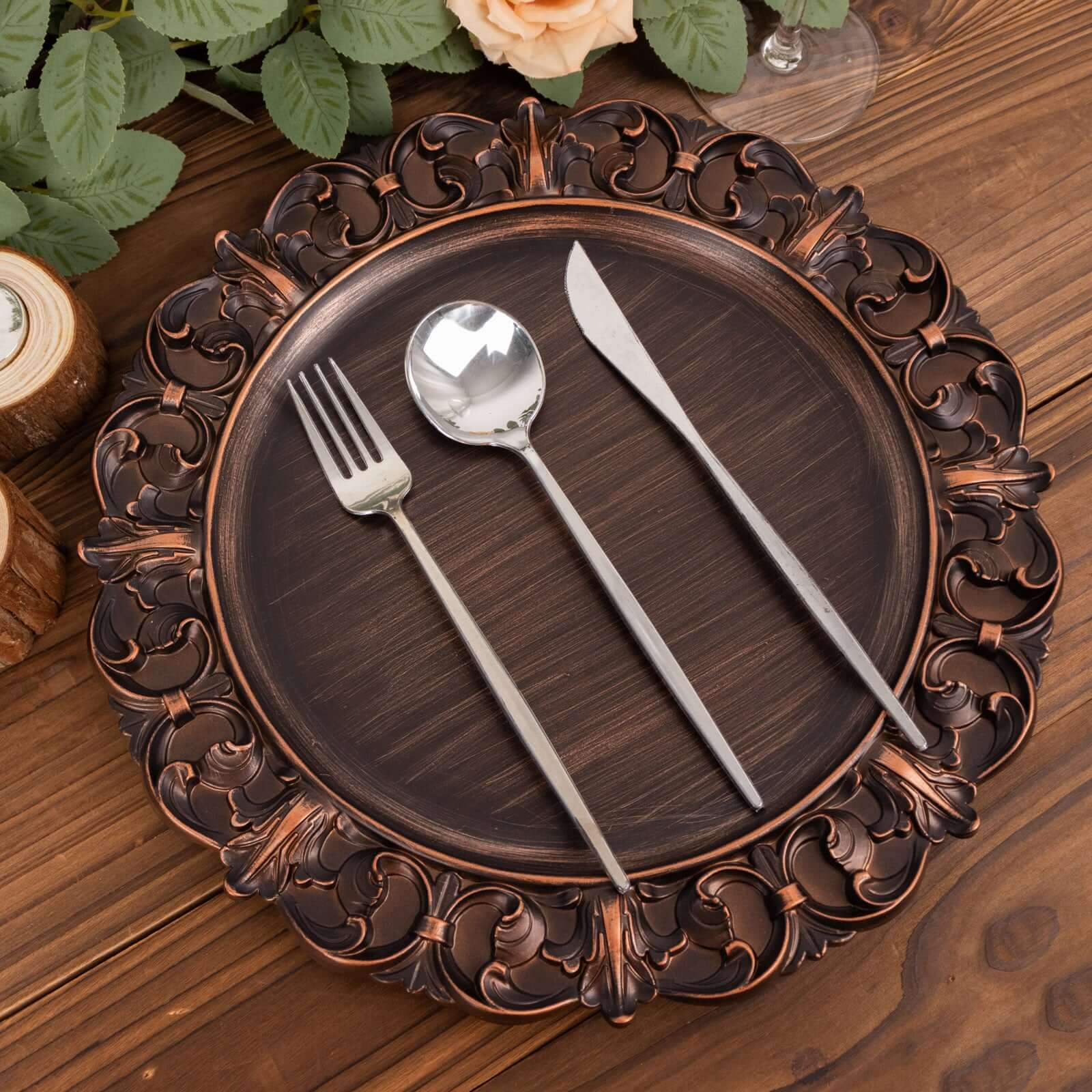 6-Piece Set of 13-Inch Dark Brown Acrylic Round Chargers with Elegant Retro Baroque Rim