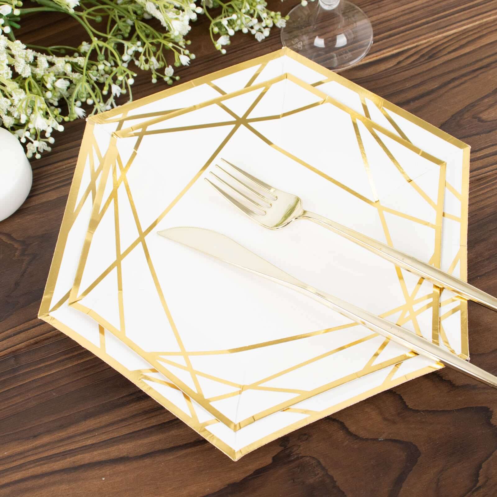 25-Pack White & Gold Geometric Hexagon Disposable Paper Appetizer and Salad Plates for Events