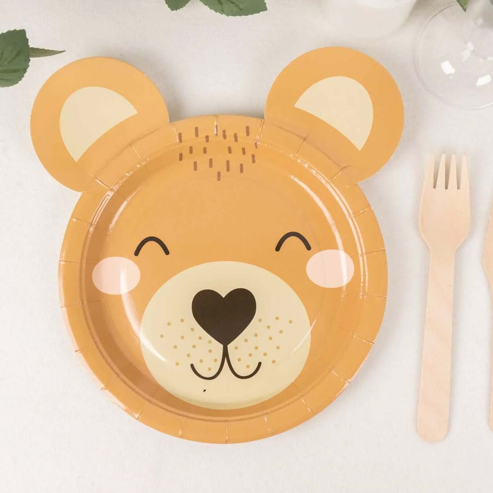 25-Pack Disposable 300GSM Brown Teddy Bear Print Round Dessert Plates - Ideal for Party Decor