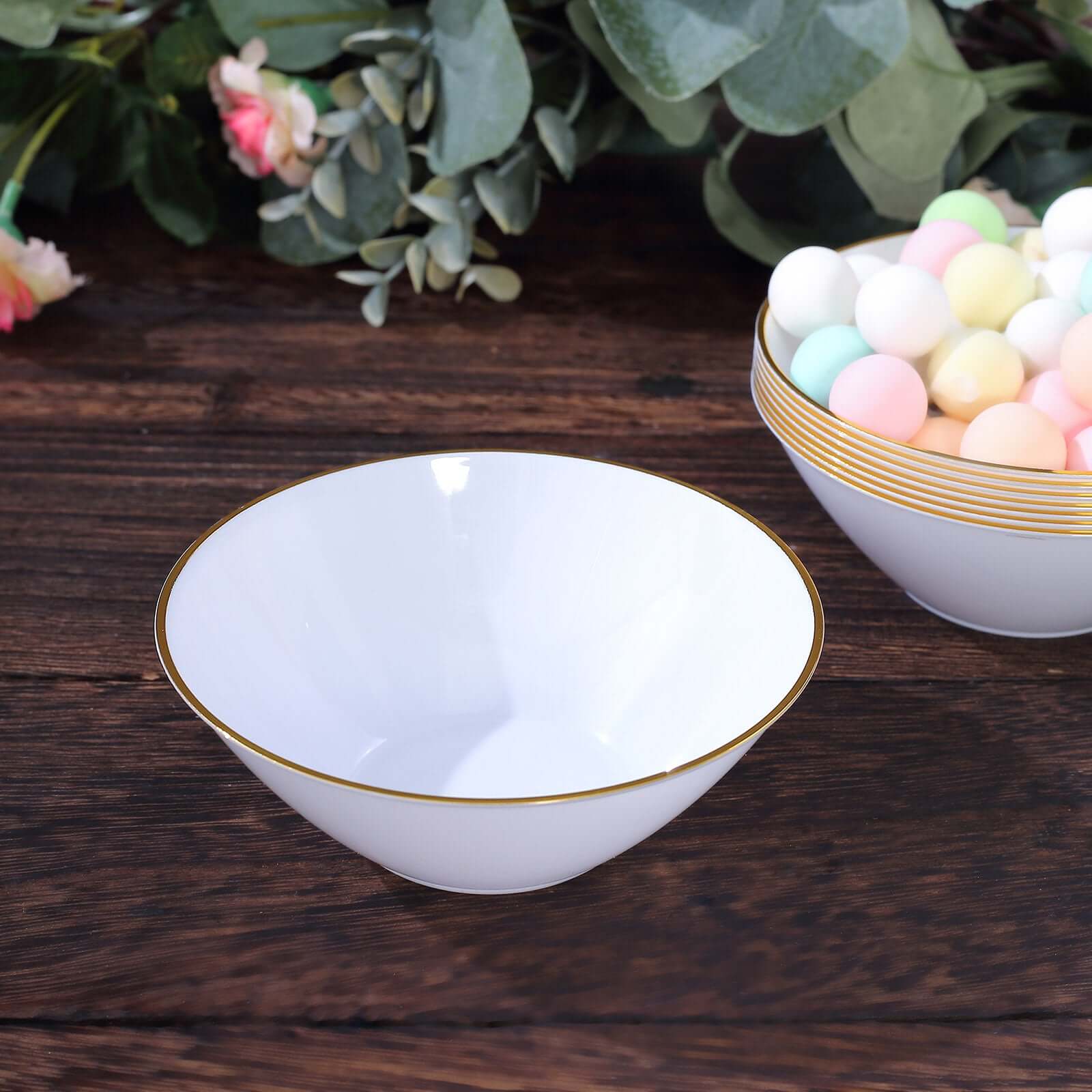 24-Pack 7oz Premium Heavy Duty Plastic Ice Cream Bowls - Glossy White with Gold Rim, Ideal for Events