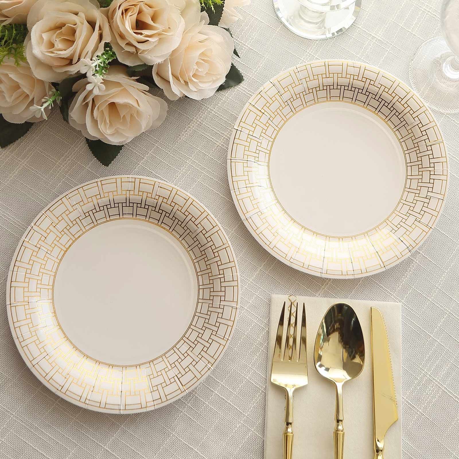 25-Piece Set of 7-Inch White Paper Dessert Plates with Elegant Gold Basketweave Rim