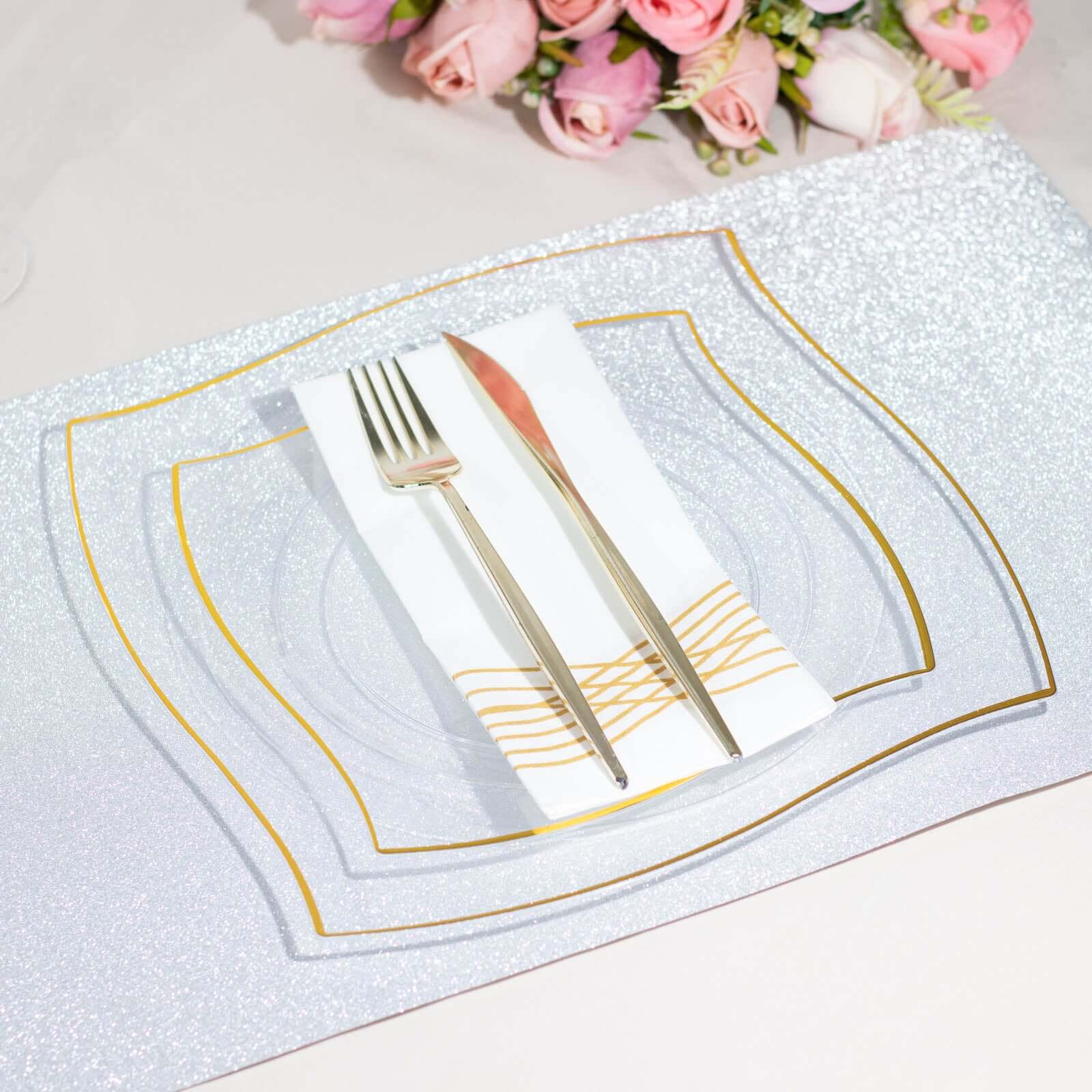 10-Piece Set of Clear Plastic Square Dessert Plates with Gold Wavy Rim - Disposable for Party Use
