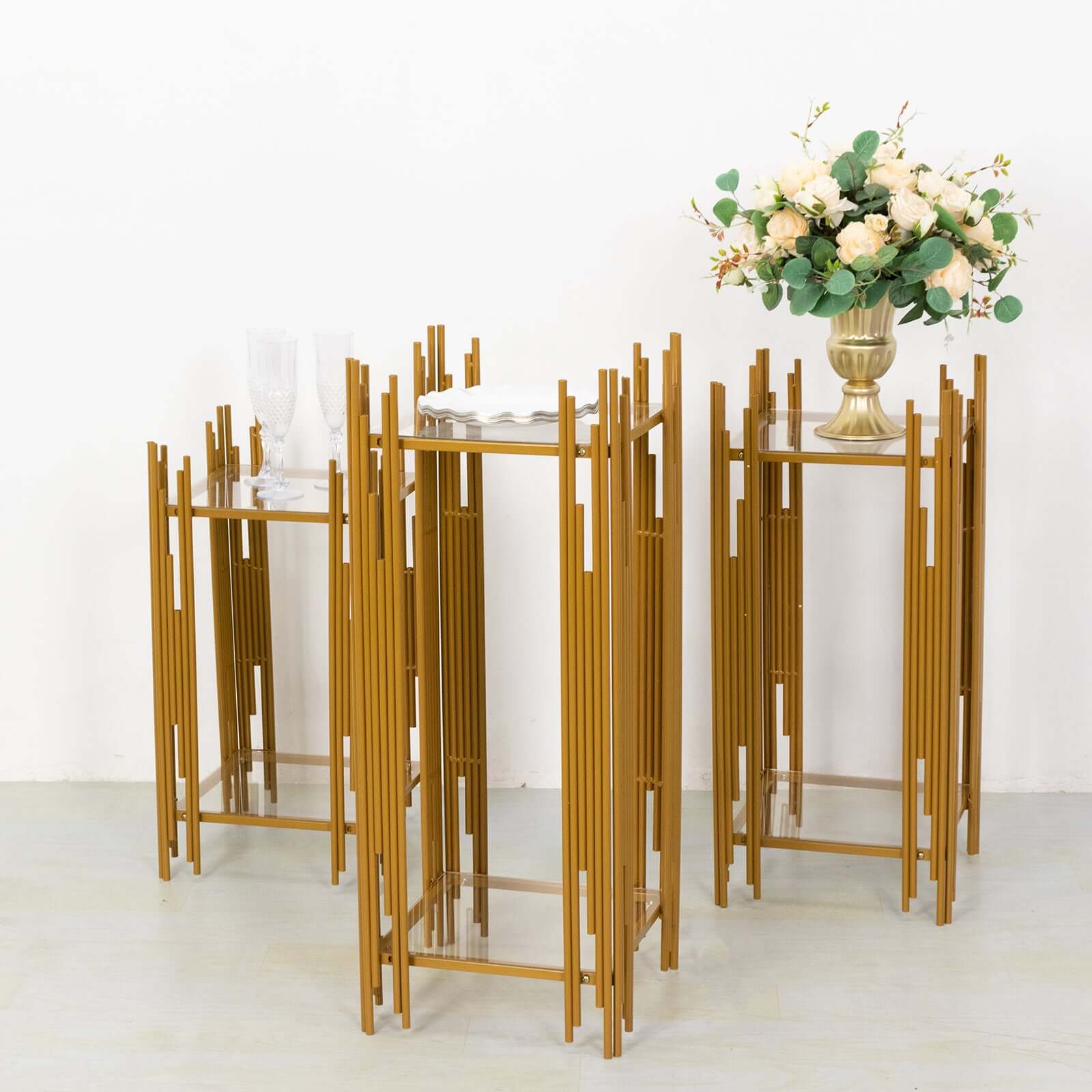 Hot Deal! Set of 3 Gold Metal Wedding Pedestal Stands with Square Acrylic Plates