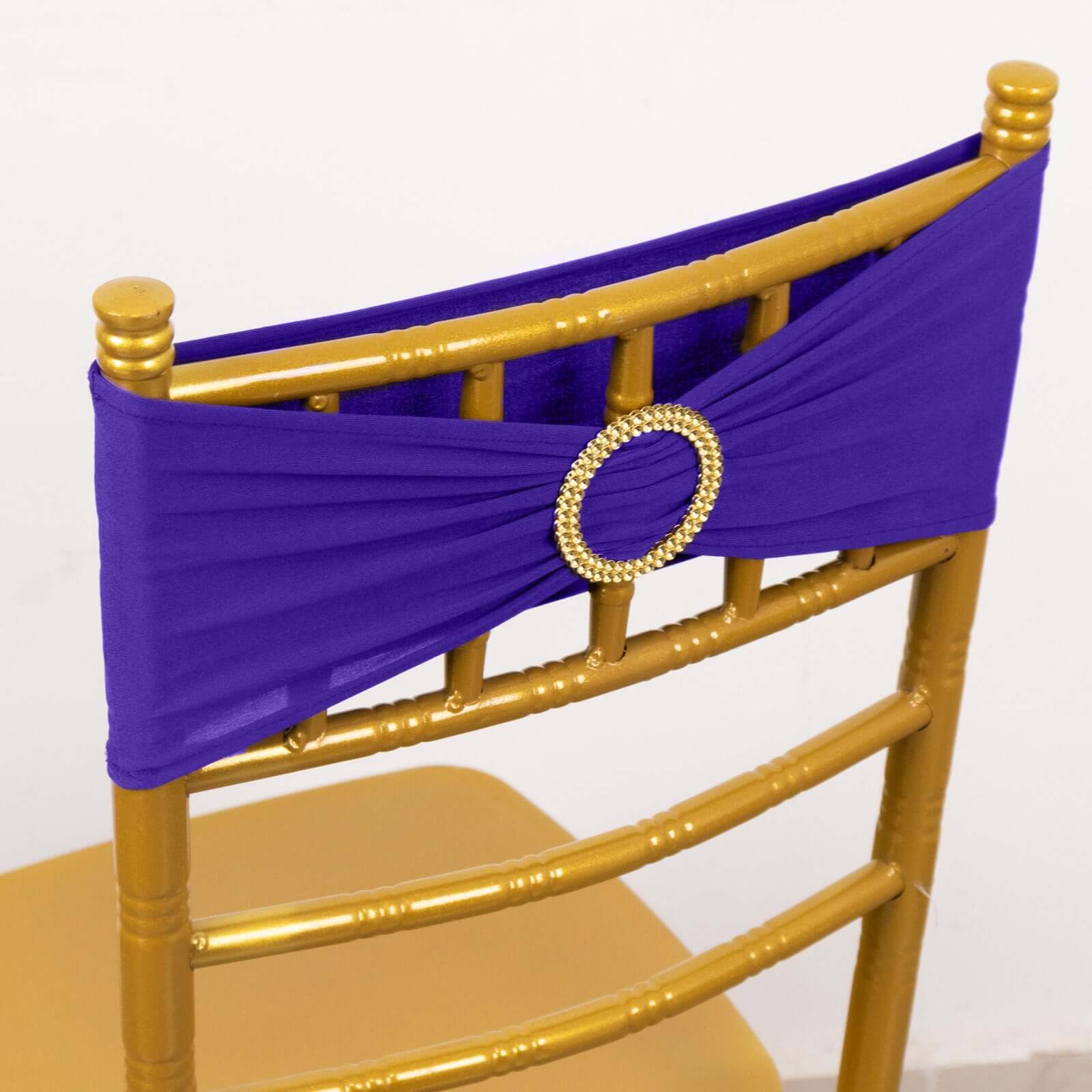 5-Pack Purple Spandex Chair Sashes with Gold Rhinestone Buckles - Reusable Four-Way Stretch Decor