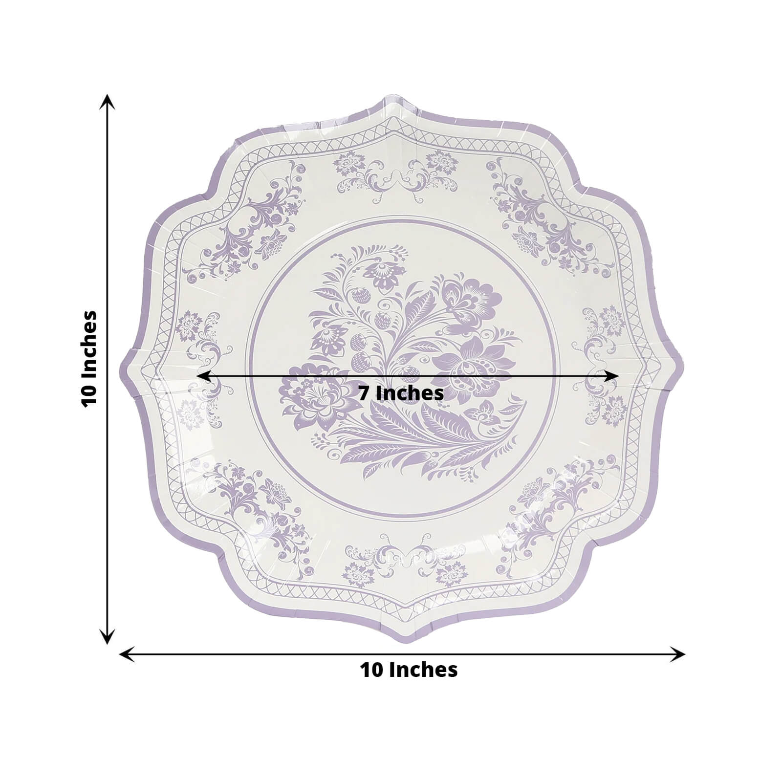 25-Piece Set of White and Lavender Lilac Damask Floral Disposable Paper Dinner Plates, 10-Inch