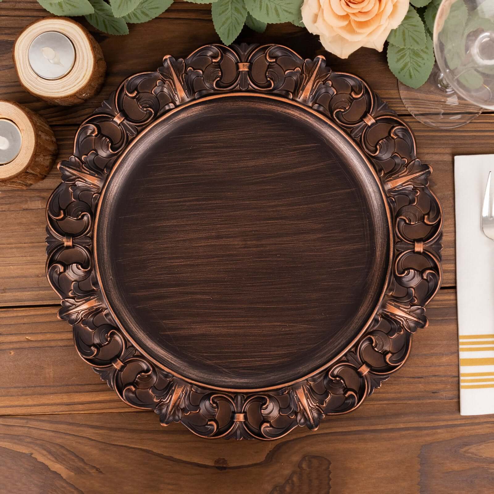6-Piece Set of 13-Inch Dark Brown Acrylic Round Chargers with Elegant Retro Baroque Rim