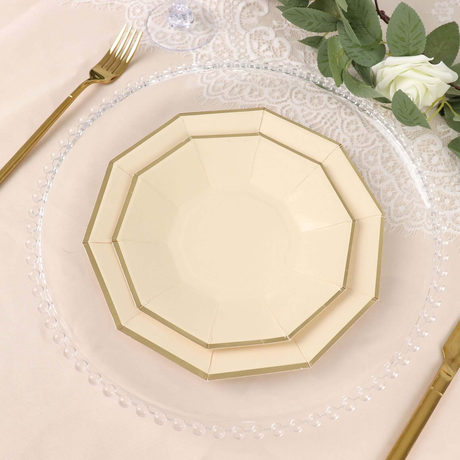 Get 25-Pack of 7-Inch Beige Paper Appetizer Plates with Stylish Gold Foil Rim