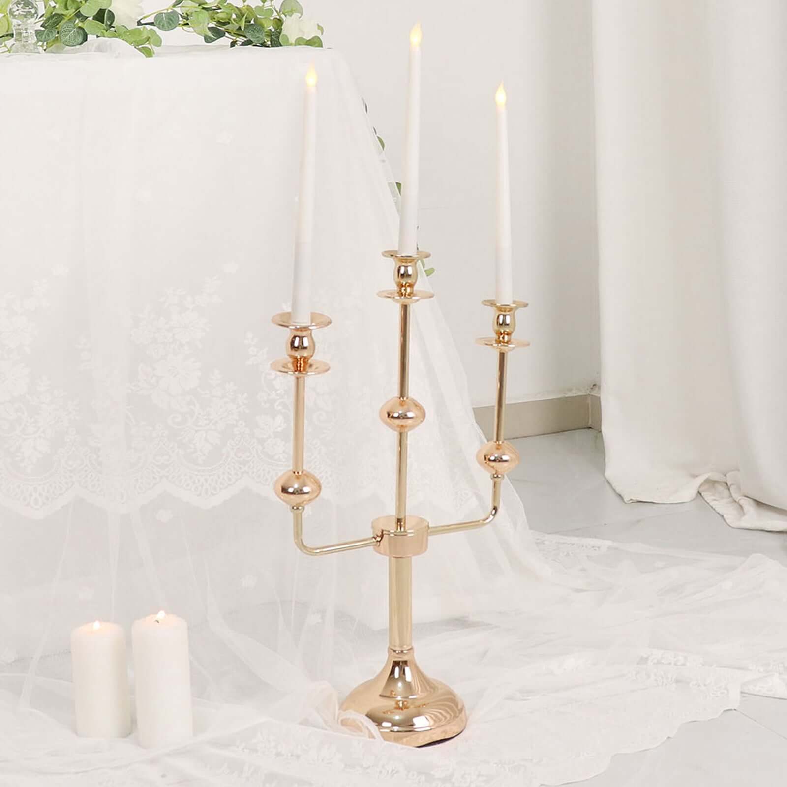 Gold Metal 3-Arm Taper Candelabra Candle Holder Stand - Ideal Wedding Centerpiece