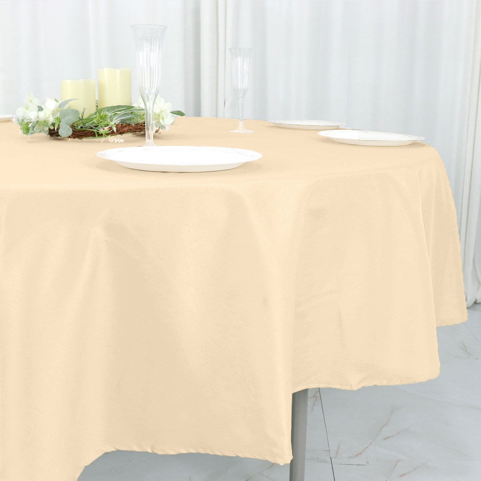 Beige 90" Round Polyester Tablecloth - Stain & Wrinkle-Free, Ideal for Events