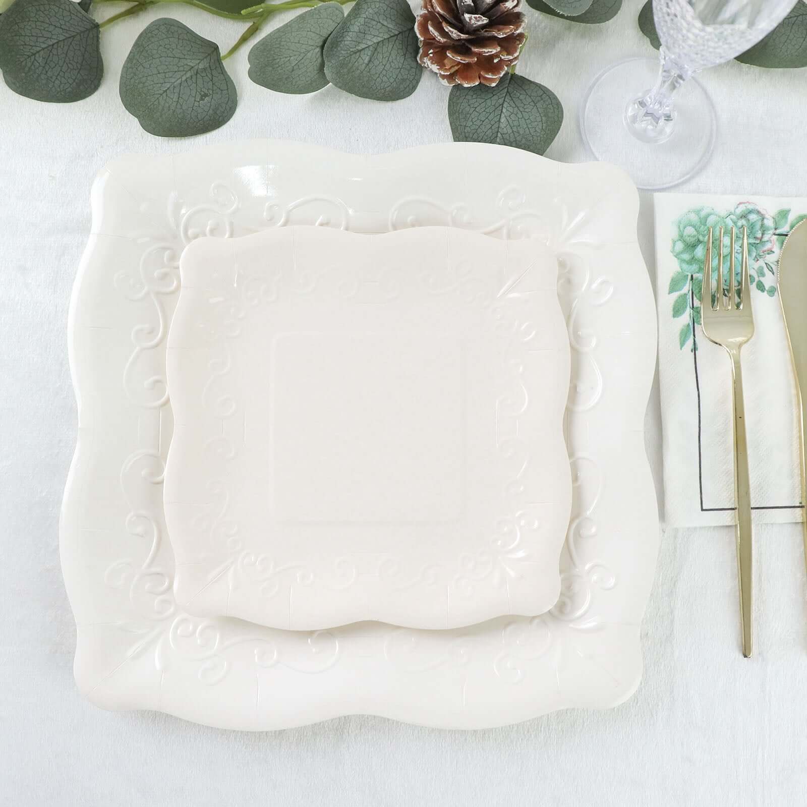 25-Pack White Square 7-Inch Disposable Dessert Plates with Vintage Pottery Embossed Design - Ideal for Special Events