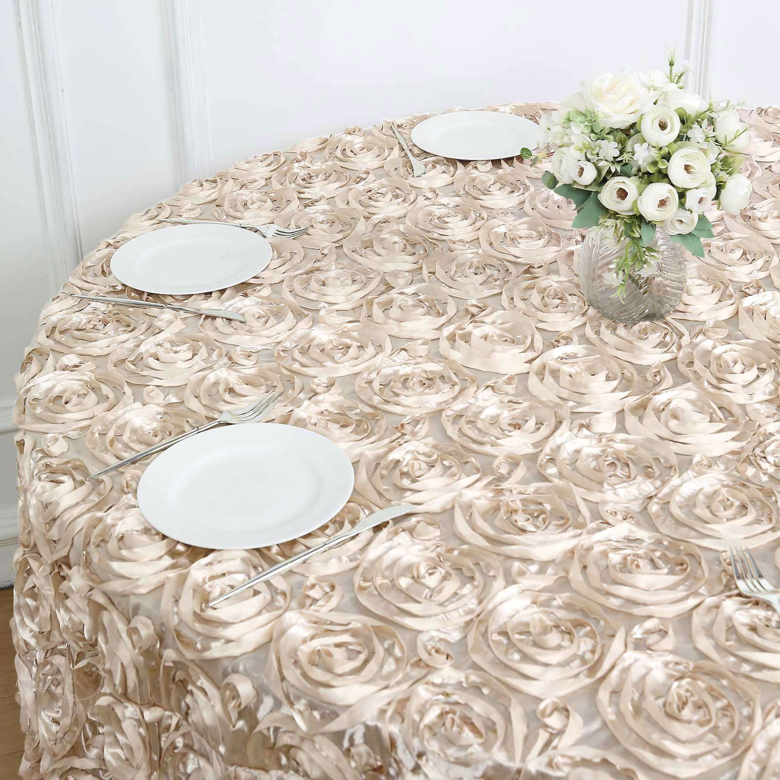 Beige High - Quality Satin 120 - inch Round Tablecloth with 3D Rosette Design