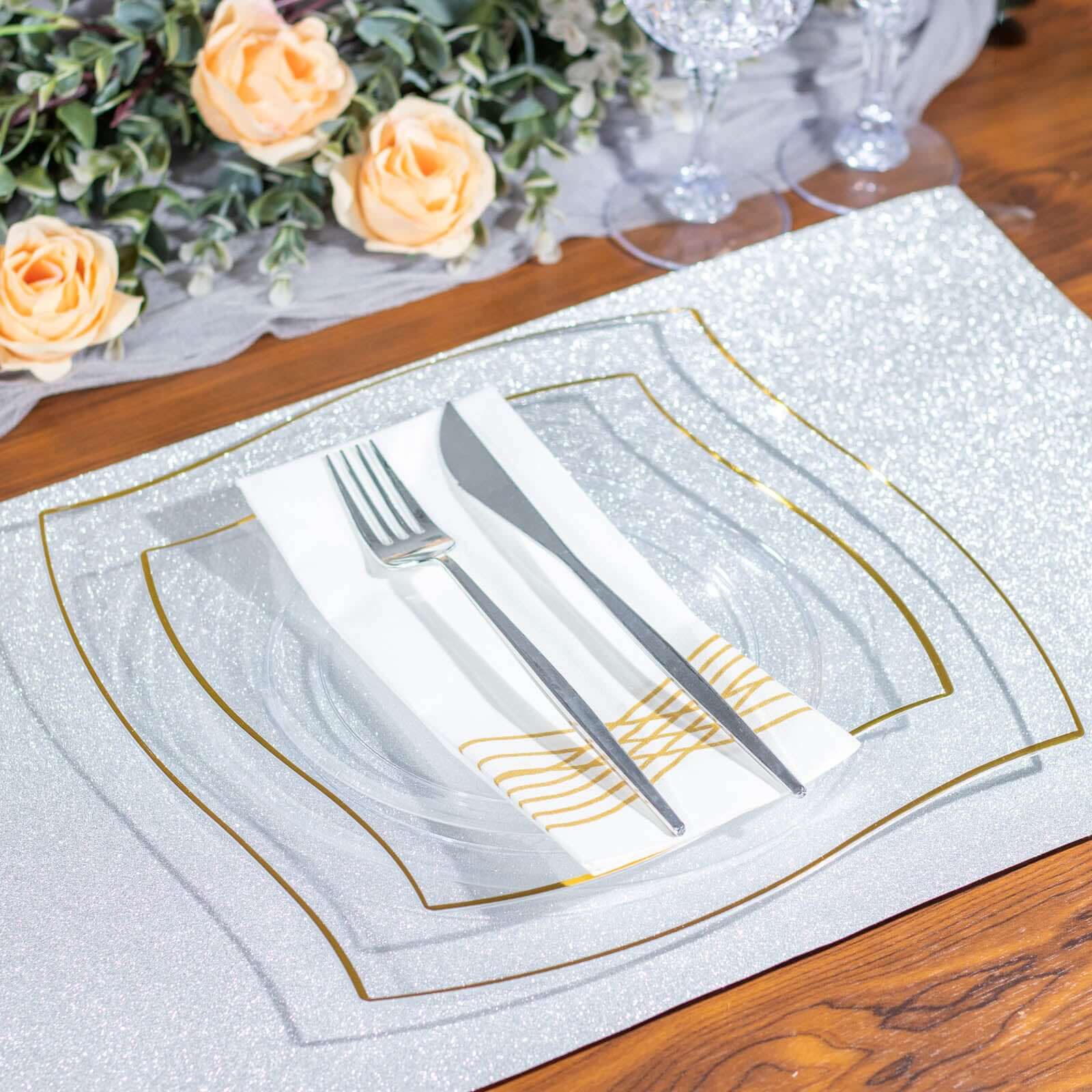10-Piece Set of Clear Plastic Square Dessert Plates with Gold Wavy Rim - Disposable for Party Use