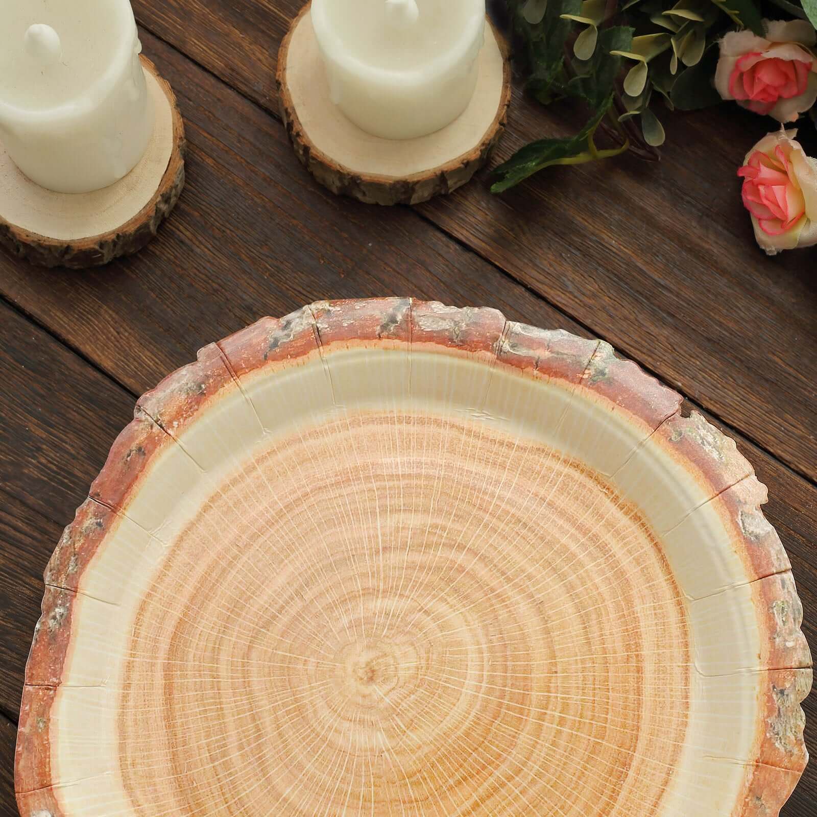 Get 25-Piece Set of Disposable Round Dinner Paper Plates with Rustic Natural Wood Slice Print