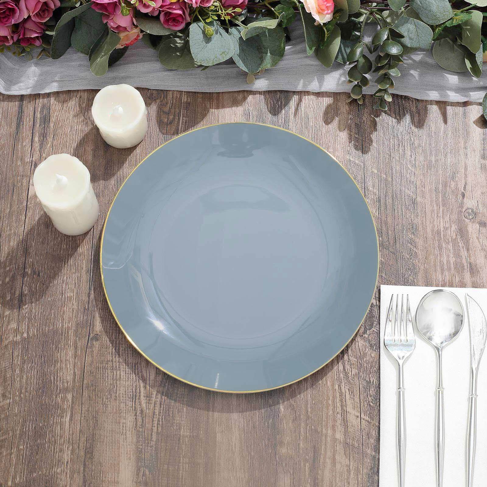 10-Piece Set of Disposable Round Dinner Plates in Dusty Blue with Gold Rim