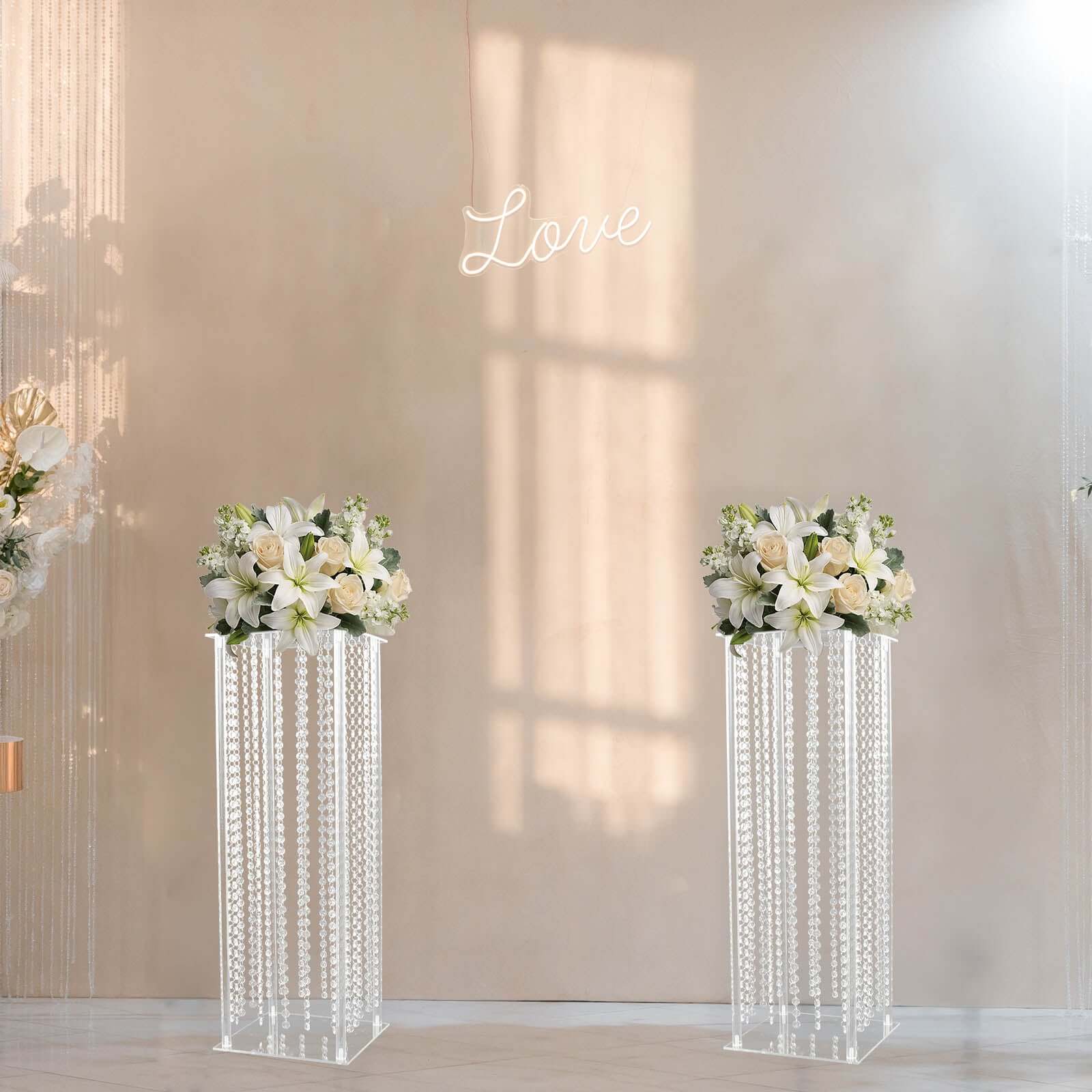 Clear Acrylic Flower Pedestal Vase with Crystal Beads - Elegant 40" Wedding Floor Centerpiece