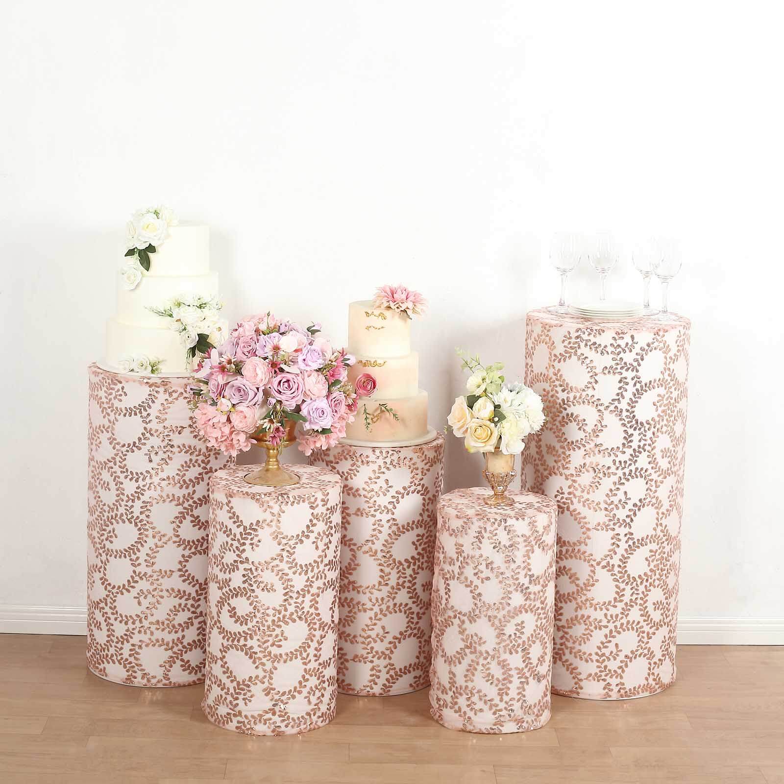 Set of 5 Sparkly Rose Gold Sequin Mesh Cylinder Pedestal Covers with Leaf Vine Design
