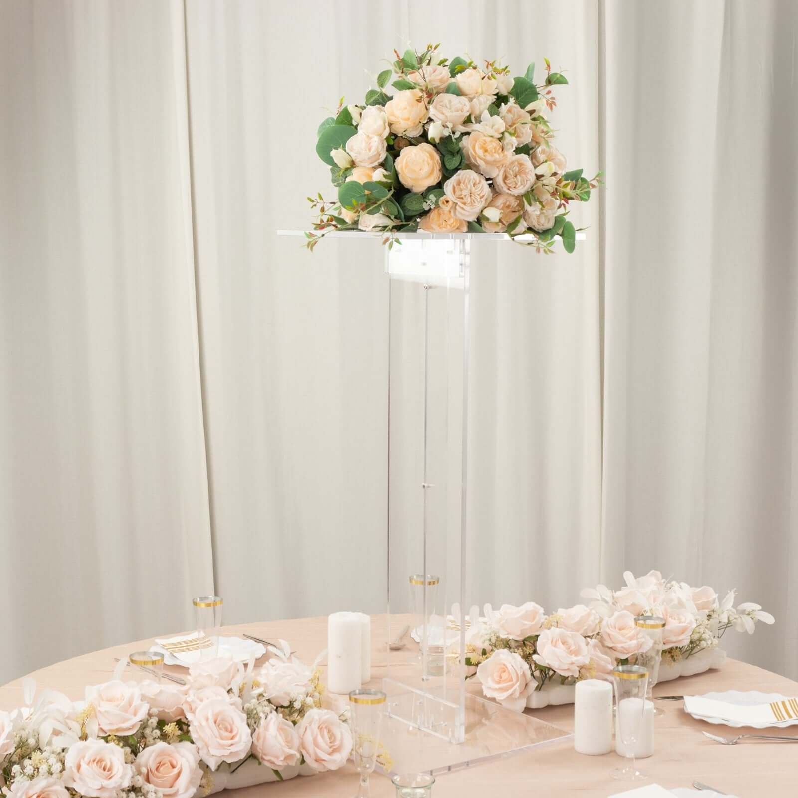 Clear Acrylic Flower Pedestal Display Stand with Square Bases - 10mm Thick, 32" Tall