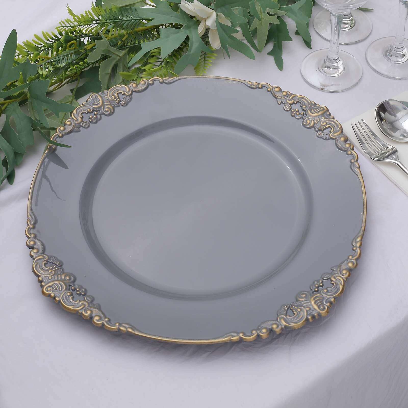 6-Pack 13-Inch Charcoal Gray Acrylic Round Charger Plates with Gold Embossed Baroque Rim - Ideal for Dinner Parties