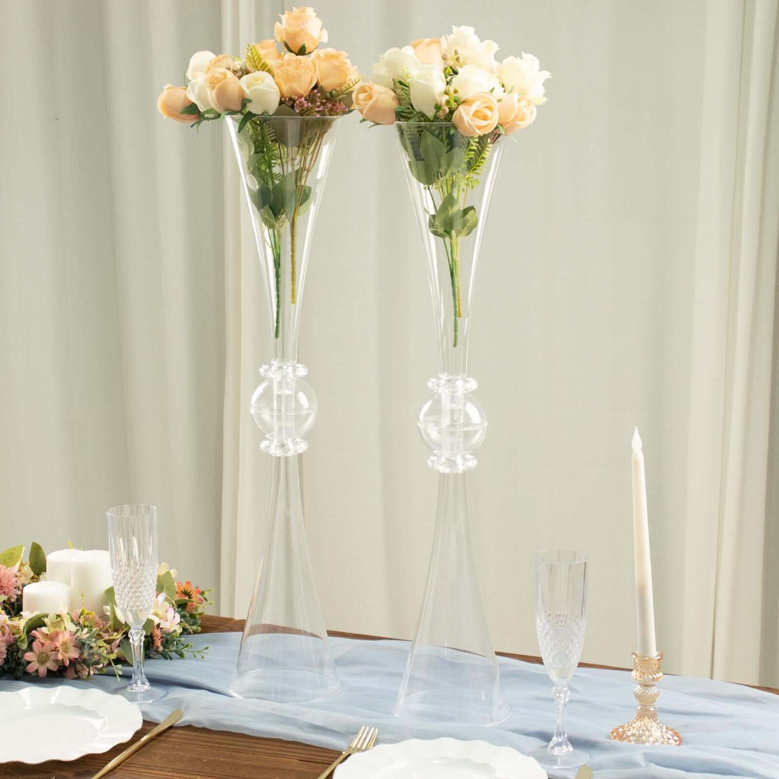 2-Pack Clear Reversible Plastic Trumpet Flower Vases with Crystal Embellishments - Ideal for Events!