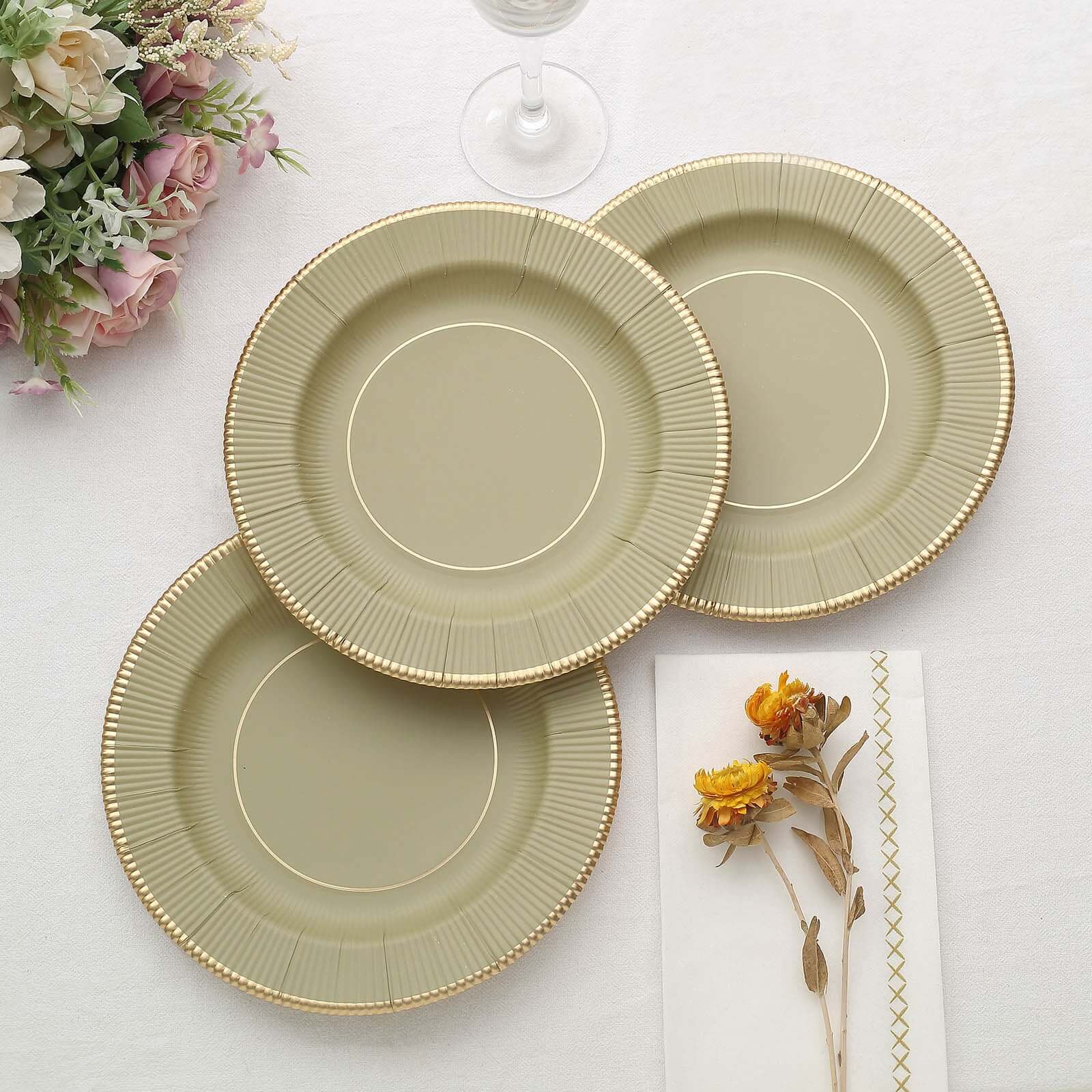 25-Pack Disposable 8-Inch Round Khaki Sunray Dessert Plates with Gold Rim - Heavy Duty 350GSM