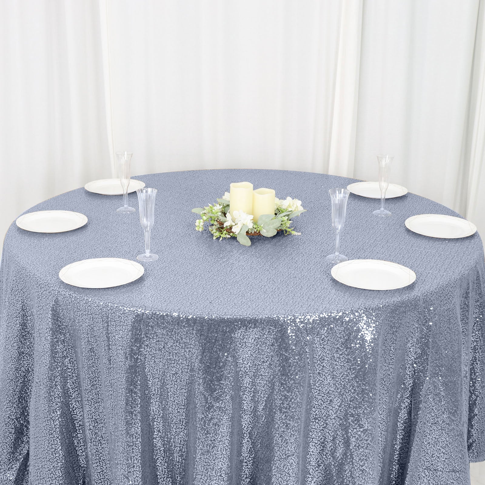 Hot Sale! 120-Inch Dusty Blue Seamless Sequin Round Tablecloth for 5-Foot Tables