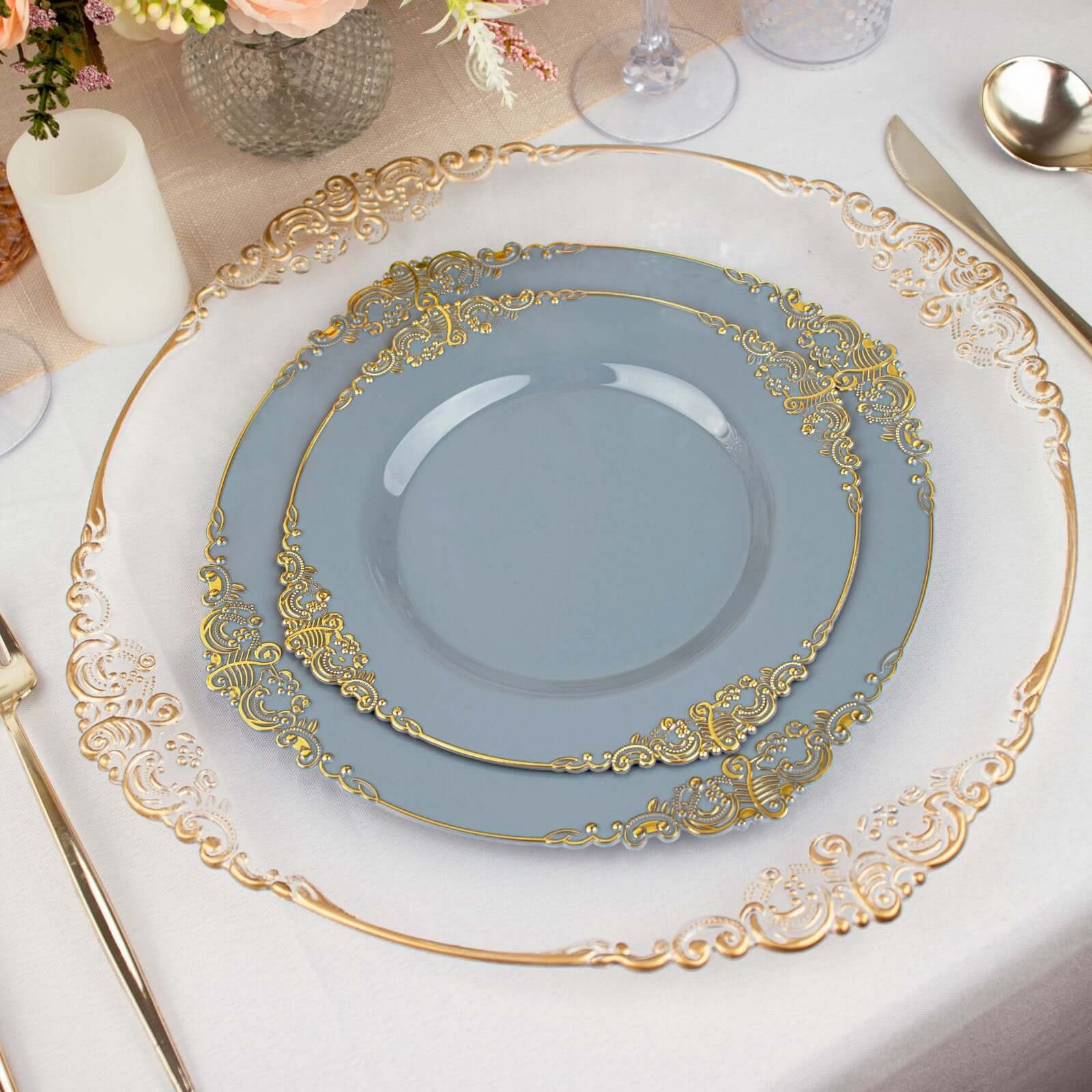 10-Pack Disposable Vintage Baroque Round Dinner Plates in Dusty Blue with Gold Leaf Rim - Great Value!
