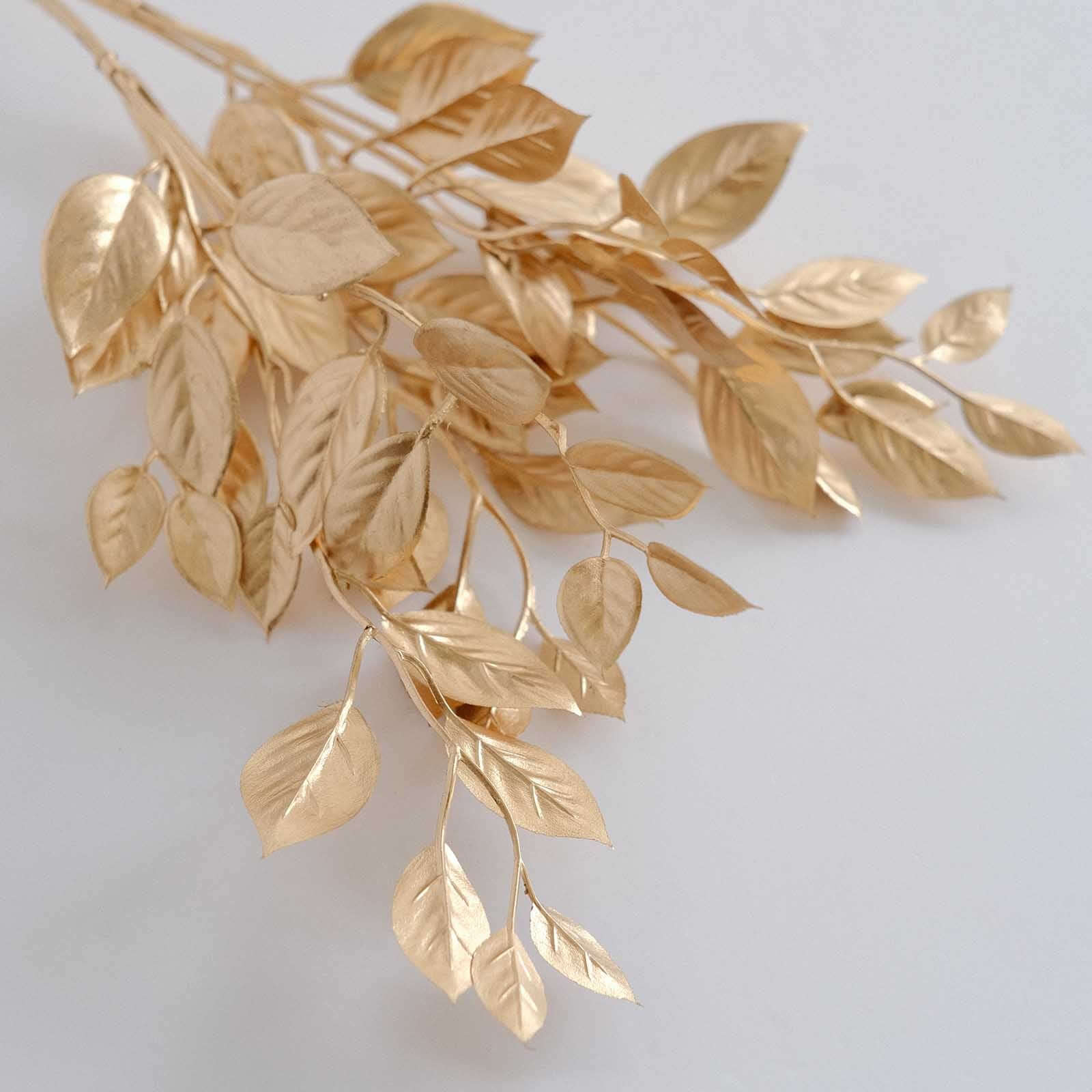 4-Piece Metallic Gold Artificial Italian Ruscus Leaf Branches for Stunning Tablescapes and Floral Decor