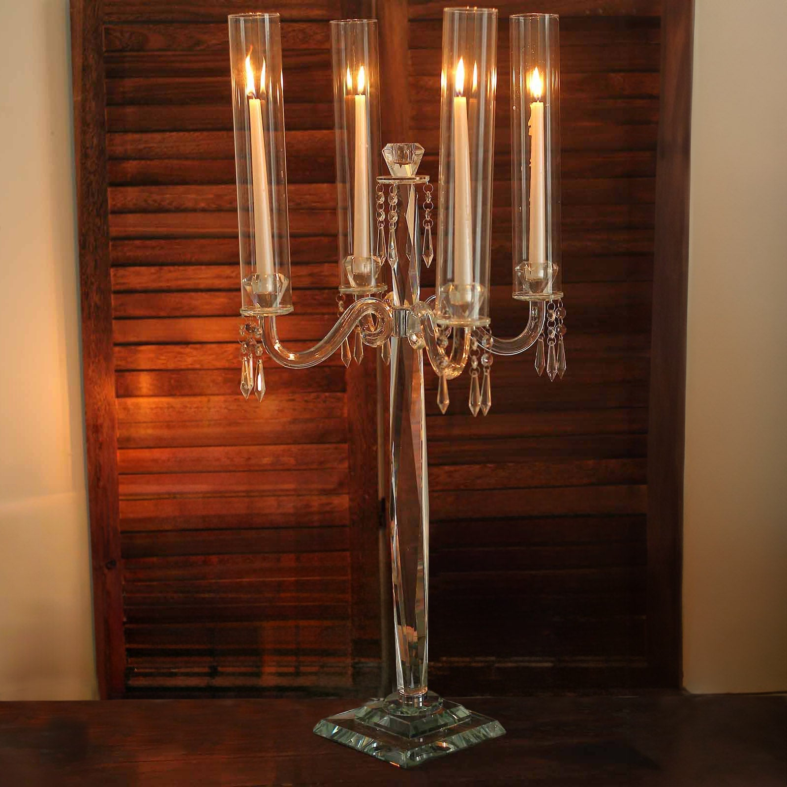 36-Inch 4-Arm Decorative Crystal Glass Taper Candle Holder Candelabra with Chandelier Chains