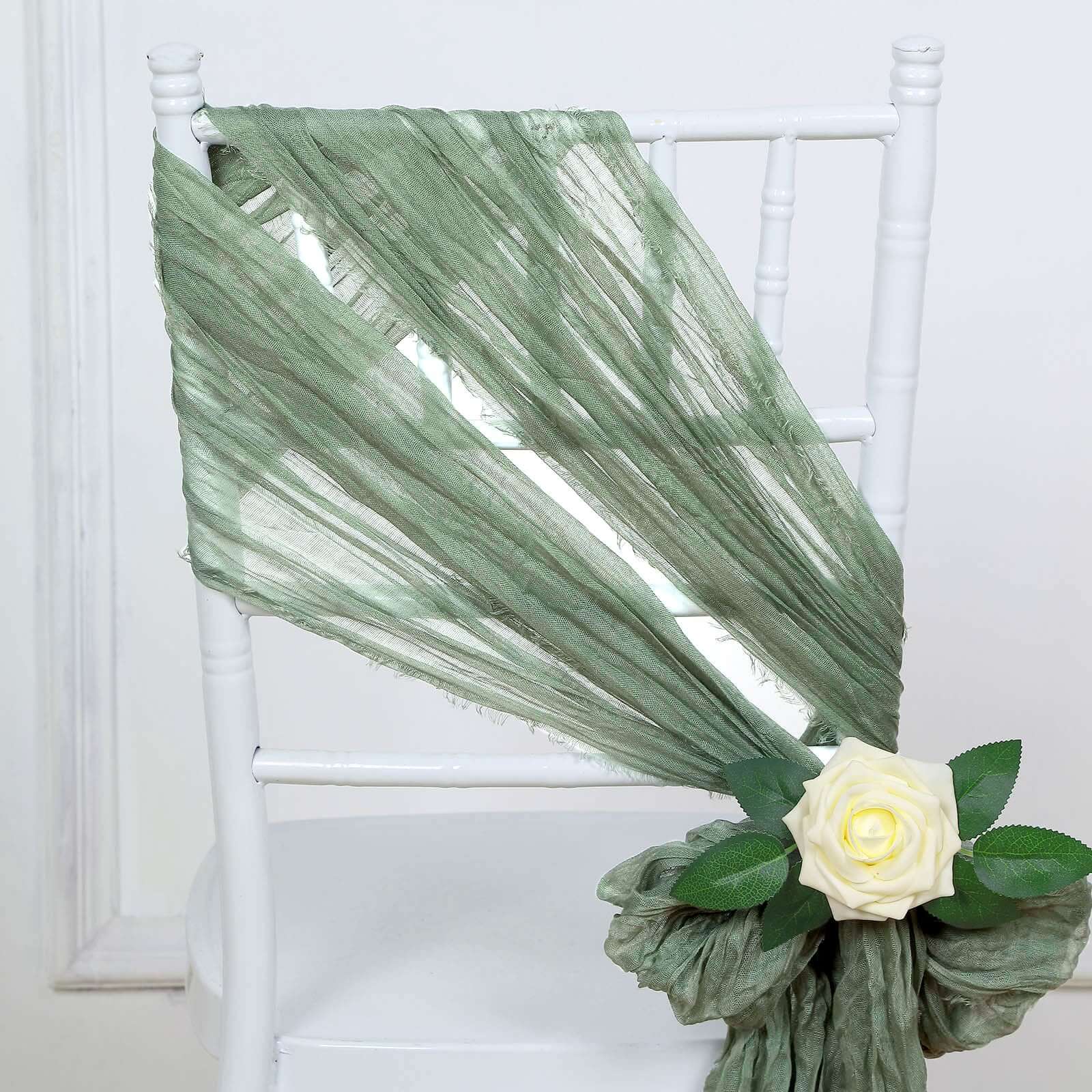 Set of 5 Dusty Sage Green Cheesecloth Chair Sashes, 16x88 Boho Decor