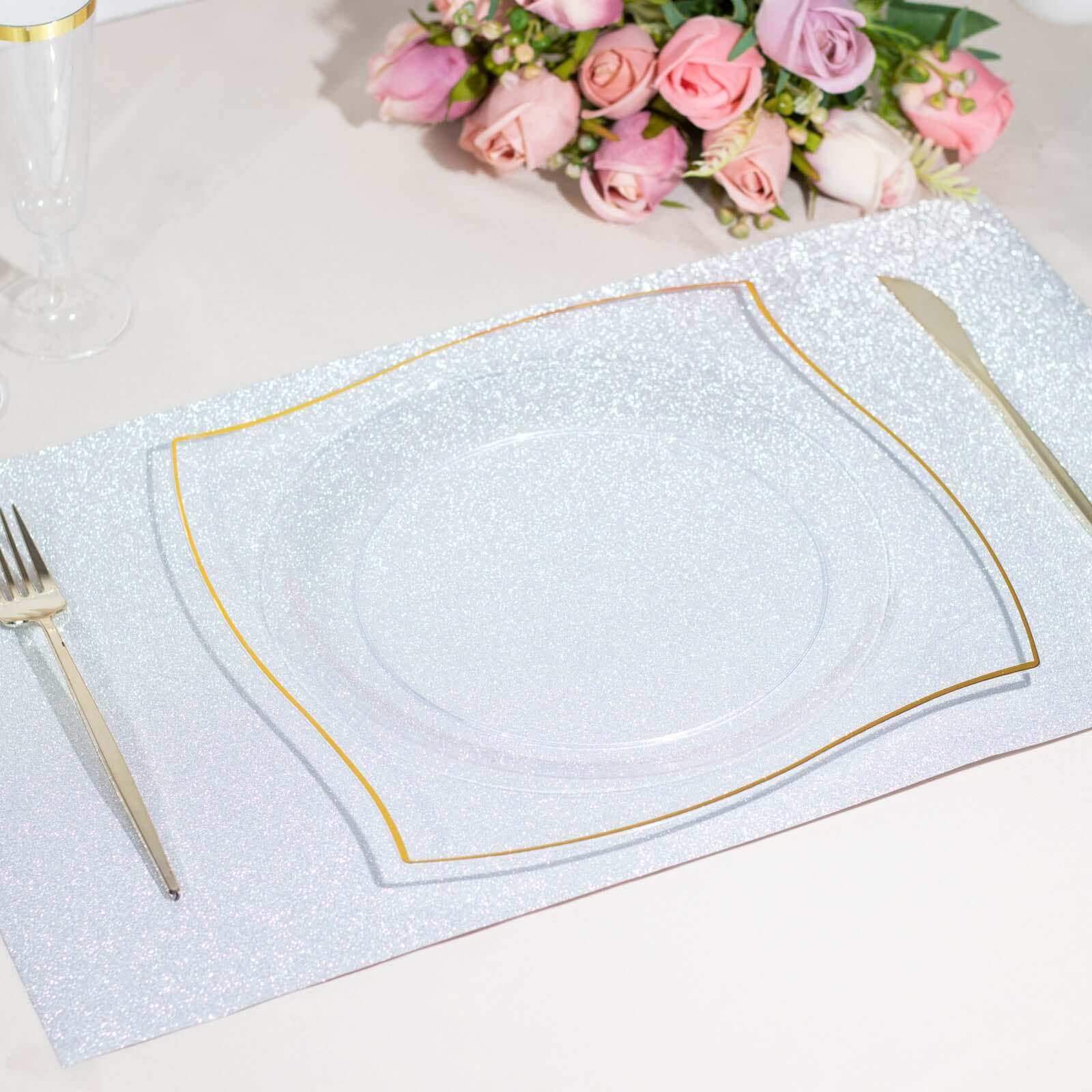 10-Piece Set of Clear Plastic Square Dessert Plates with Gold Wavy Rim - Disposable for Party Use