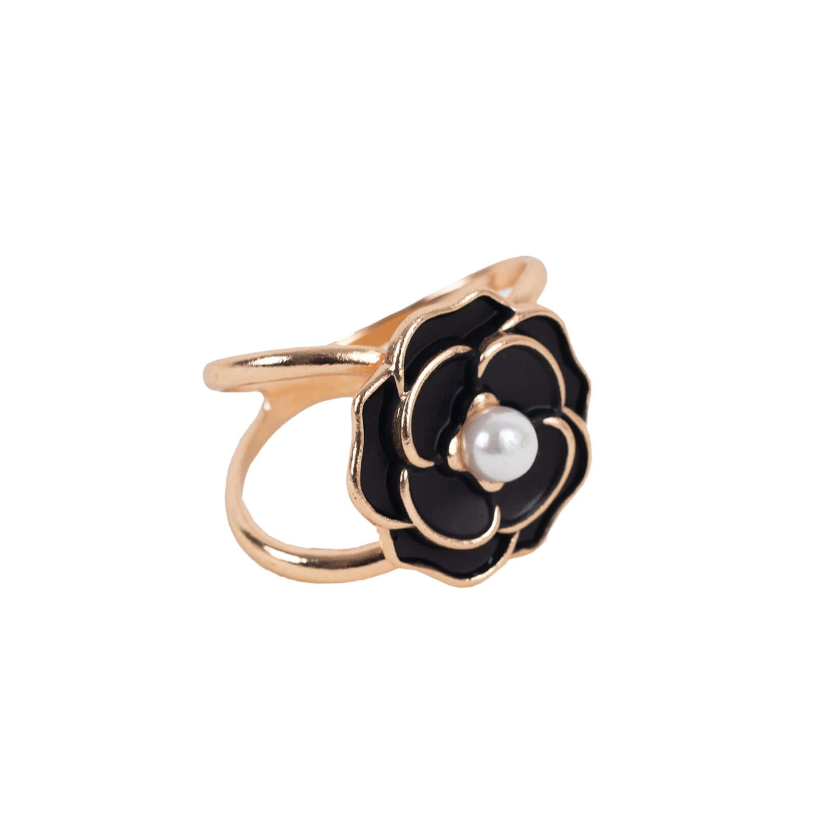 Get 10-Pack Black 3D Rose Shaped Metal Chair Sash Pin Buckles - Stylish Pearl Floral Napkin Rings with Gold Rim