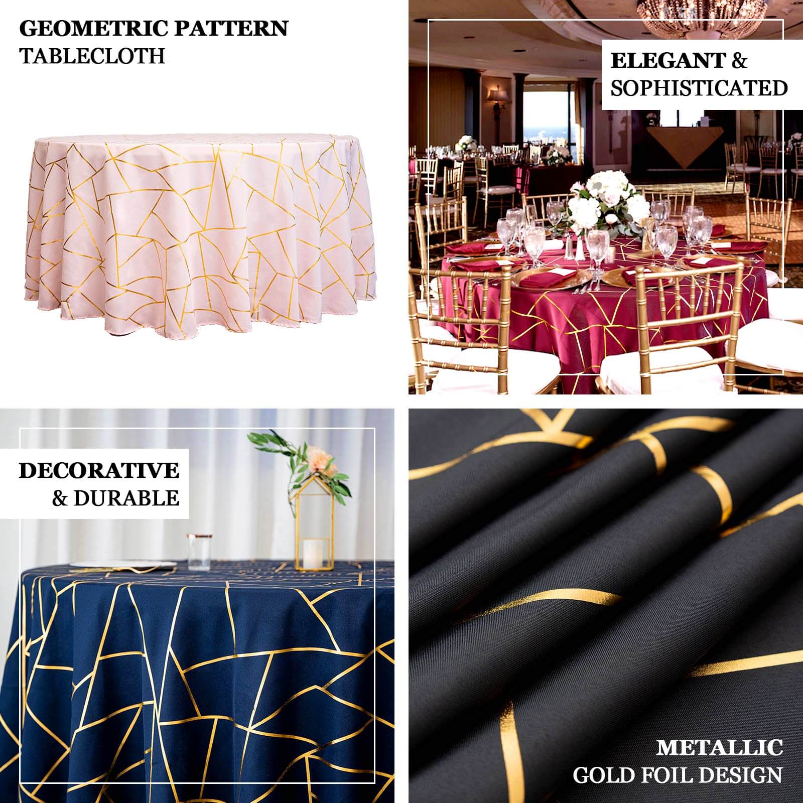 Exclusive Beige Polyester 120 Round Tablecloth with Gold Foil Geometric Pattern - Wrinkle-Resistant