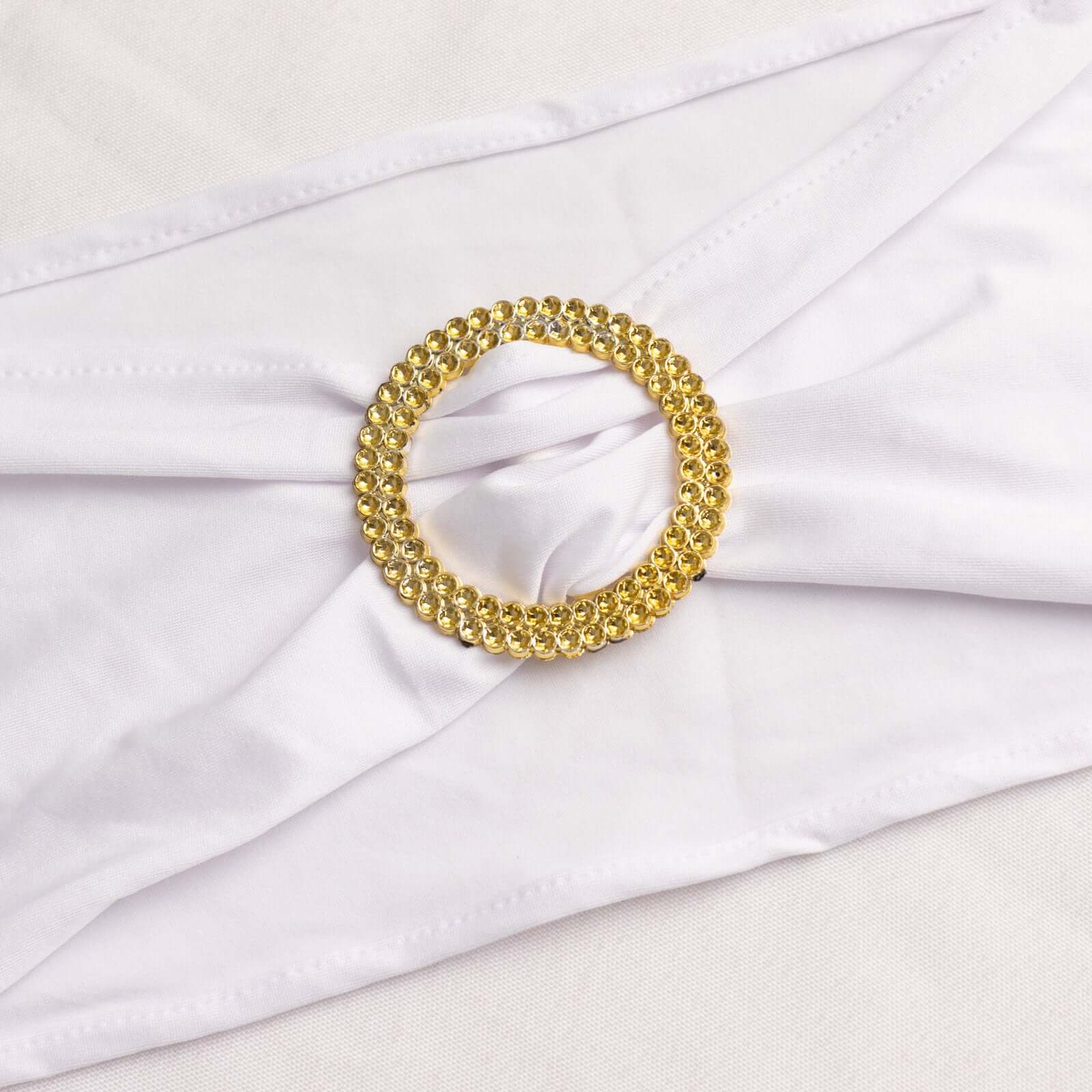 5-Piece Reusable White Spandex Chair Sashes with Gold Rhinestone Plastic Buckles for Weddings and Parties
