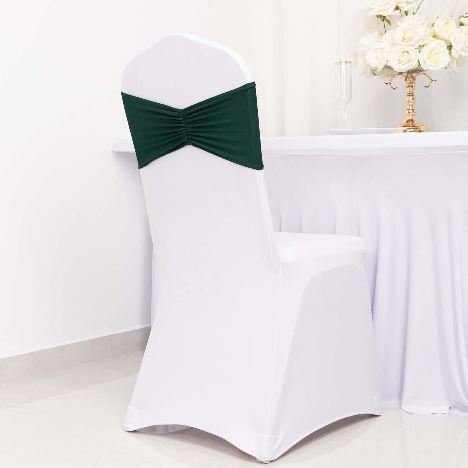 5-Piece Hunter Emerald Green Spandex Ruffled Chair Sashes - Wide Stretch Bands, 8x13