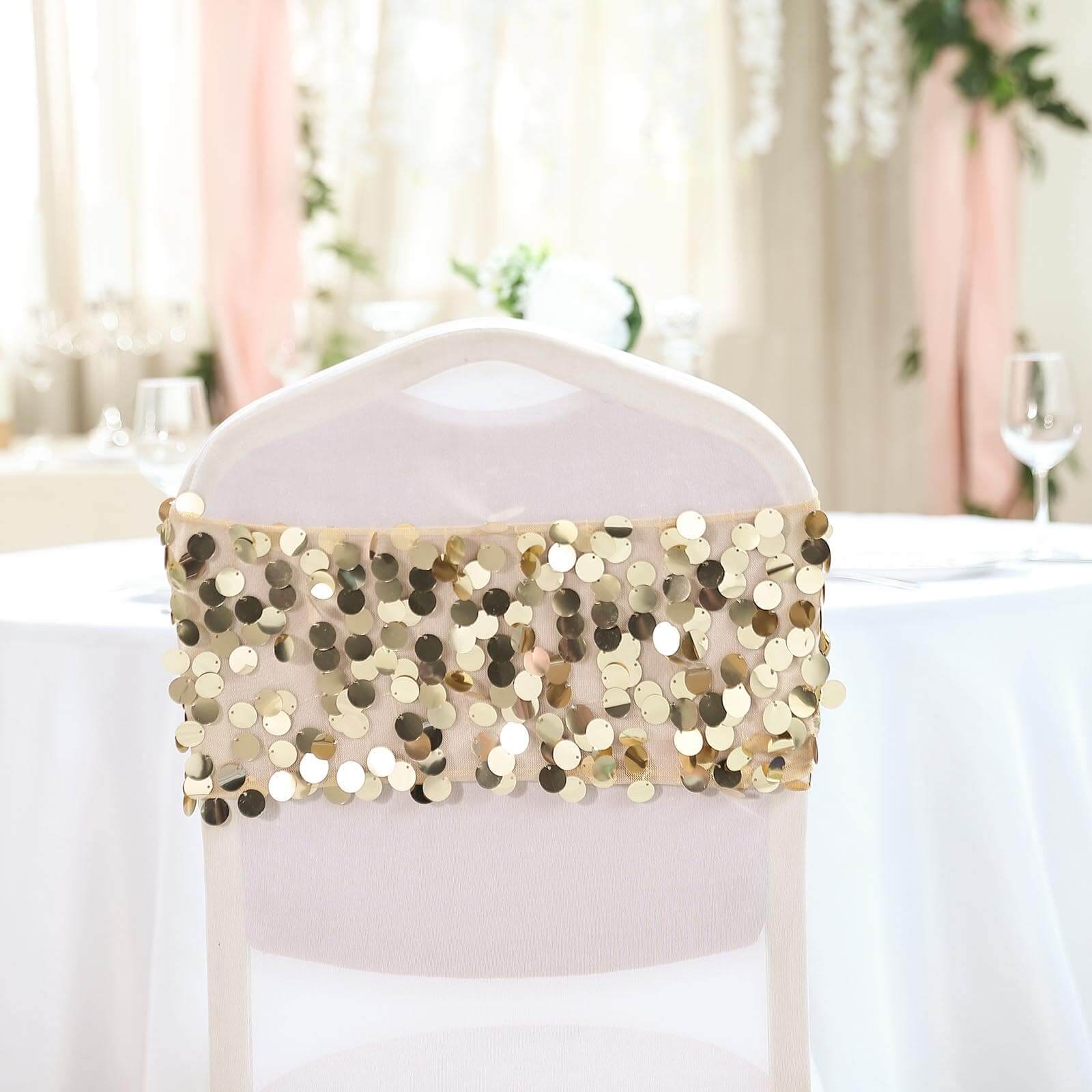 5-Pack Champagne Payette Sequin 13x10 Chair Sash Bands - Ideal for Weddings & Gatherings
