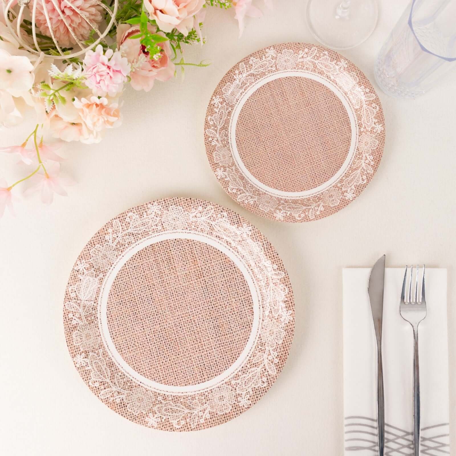 Hot Deal! 25-Pack of 9-Inch Round Disposable Paper Dinner Plates with Rustic Burlap & Floral Lace Design