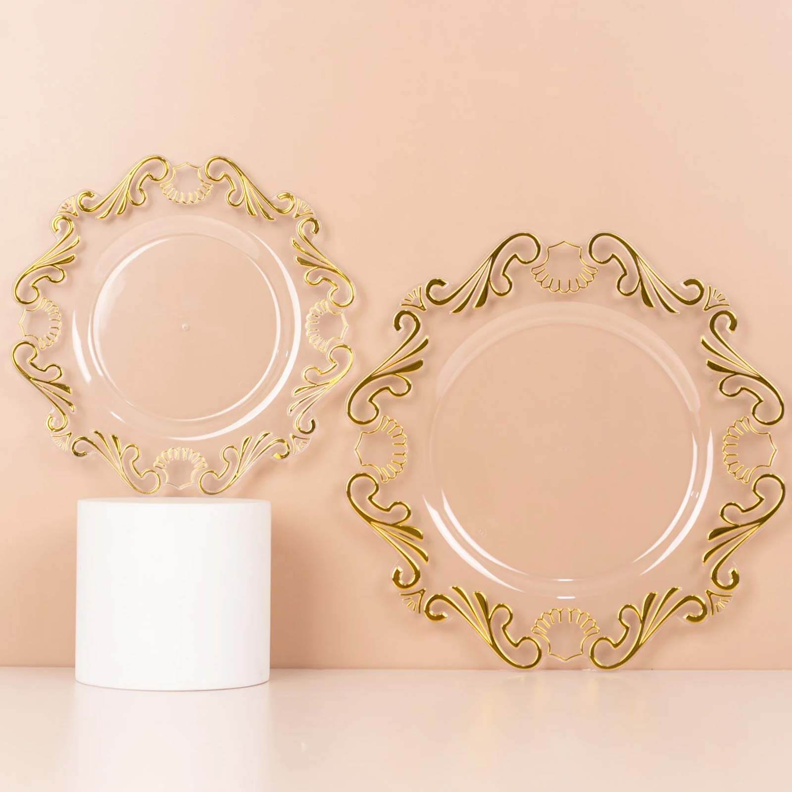 10-Piece Set of Clear Plastic Round Dessert Plates with Gold Vintage Baroque Scalloped Edge