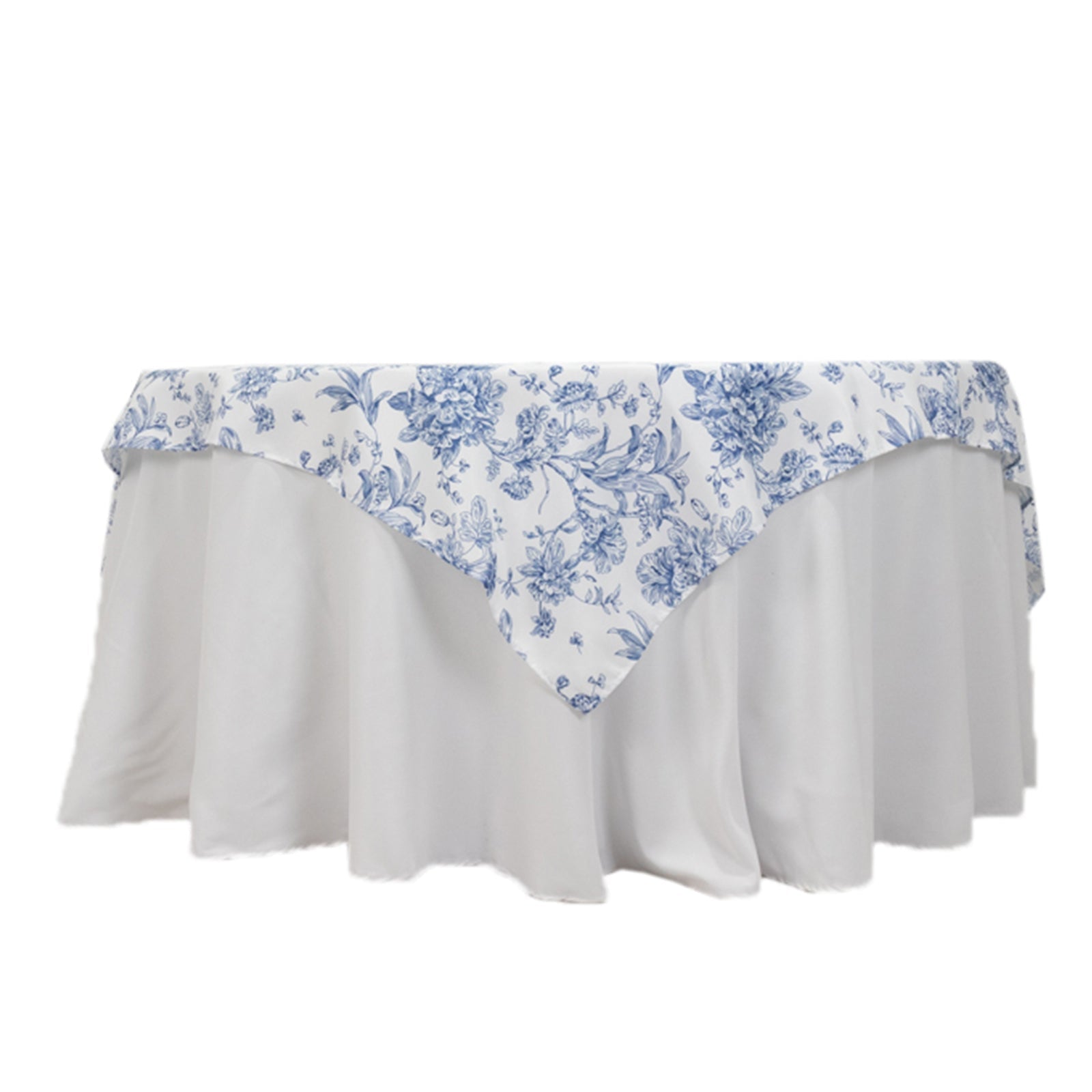 Stylish 70x70 Polyester Table Overlay in White - Blue French Toile Pattern for Events