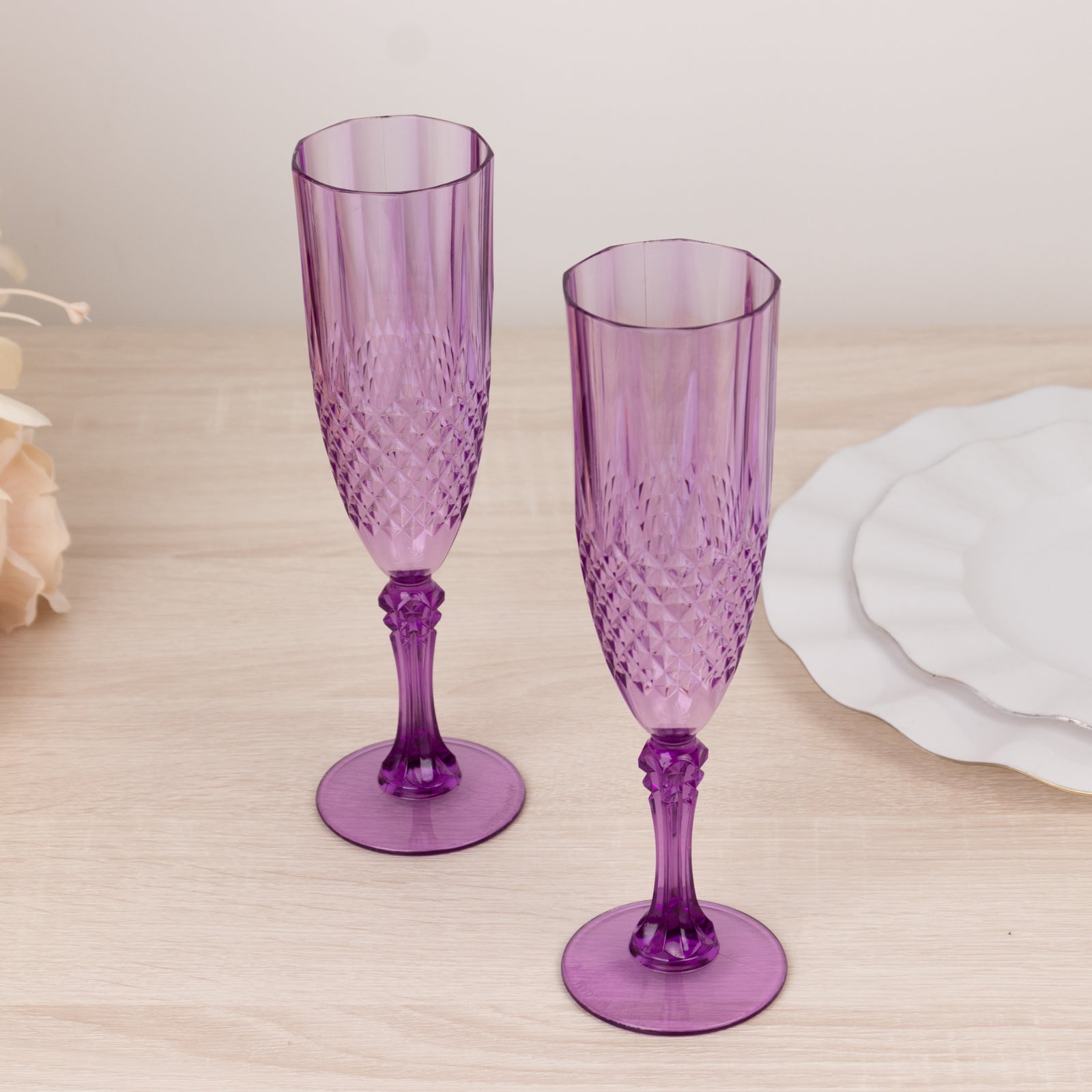 8oz Reusable Purple Transparent Crystal Cut Style 6-Pack Plastic Wedding Toast Flutes