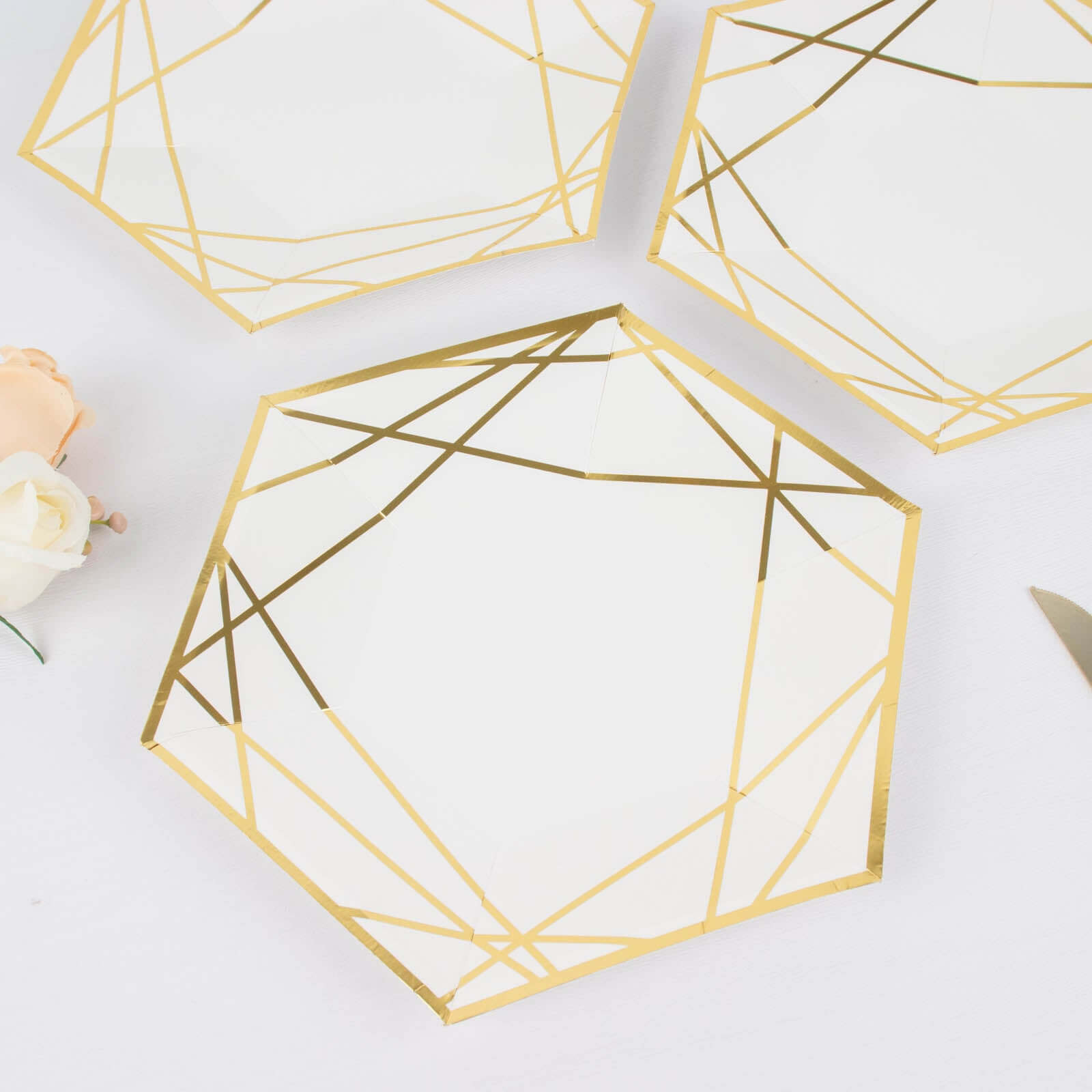 25-Pack White & Gold Geometric Hexagon Disposable Paper Appetizer and Salad Plates for Events