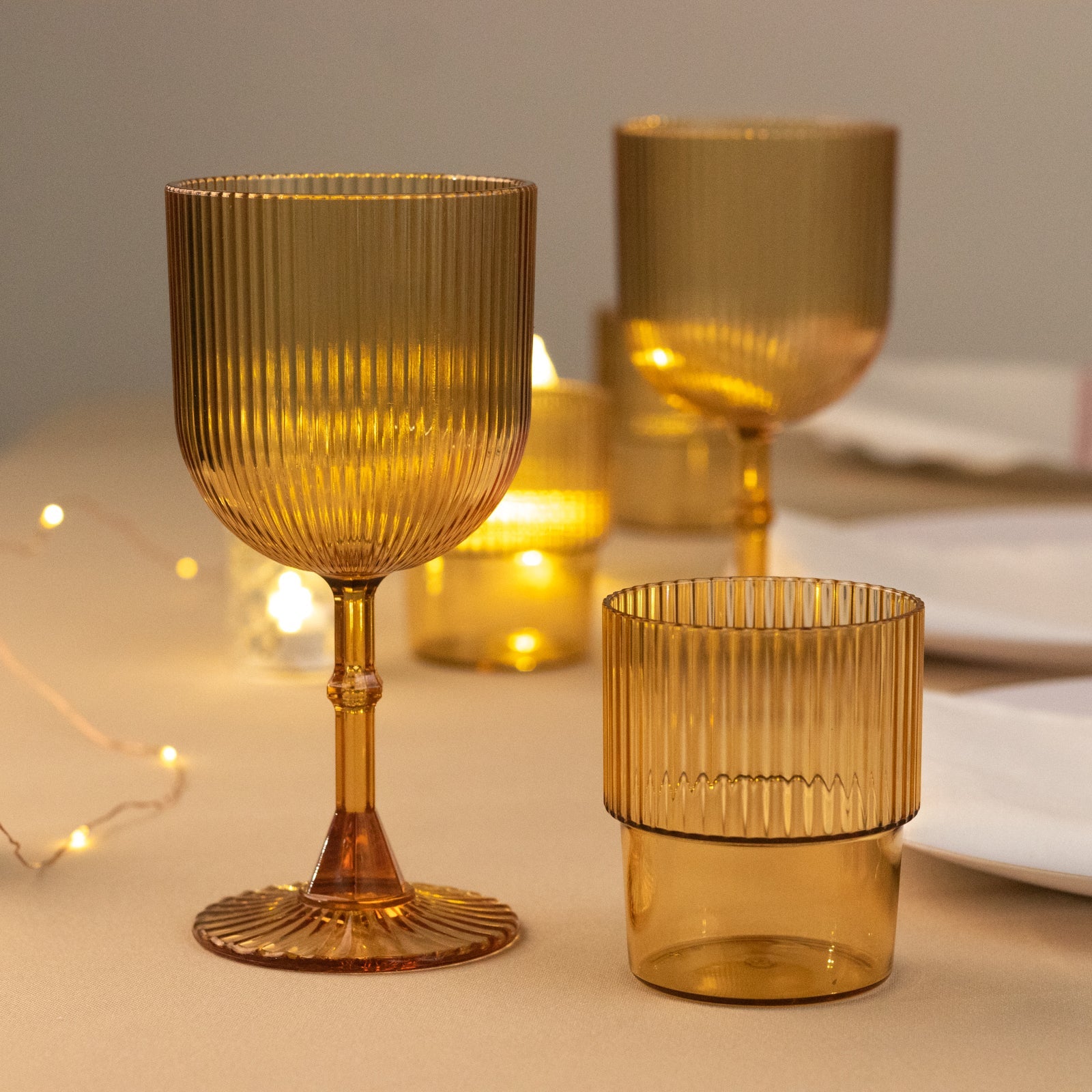 12-Pack Reusable 9oz Amber Gold Vintage Ribbed Plastic Wine Goblets - Shatterproof Glassware