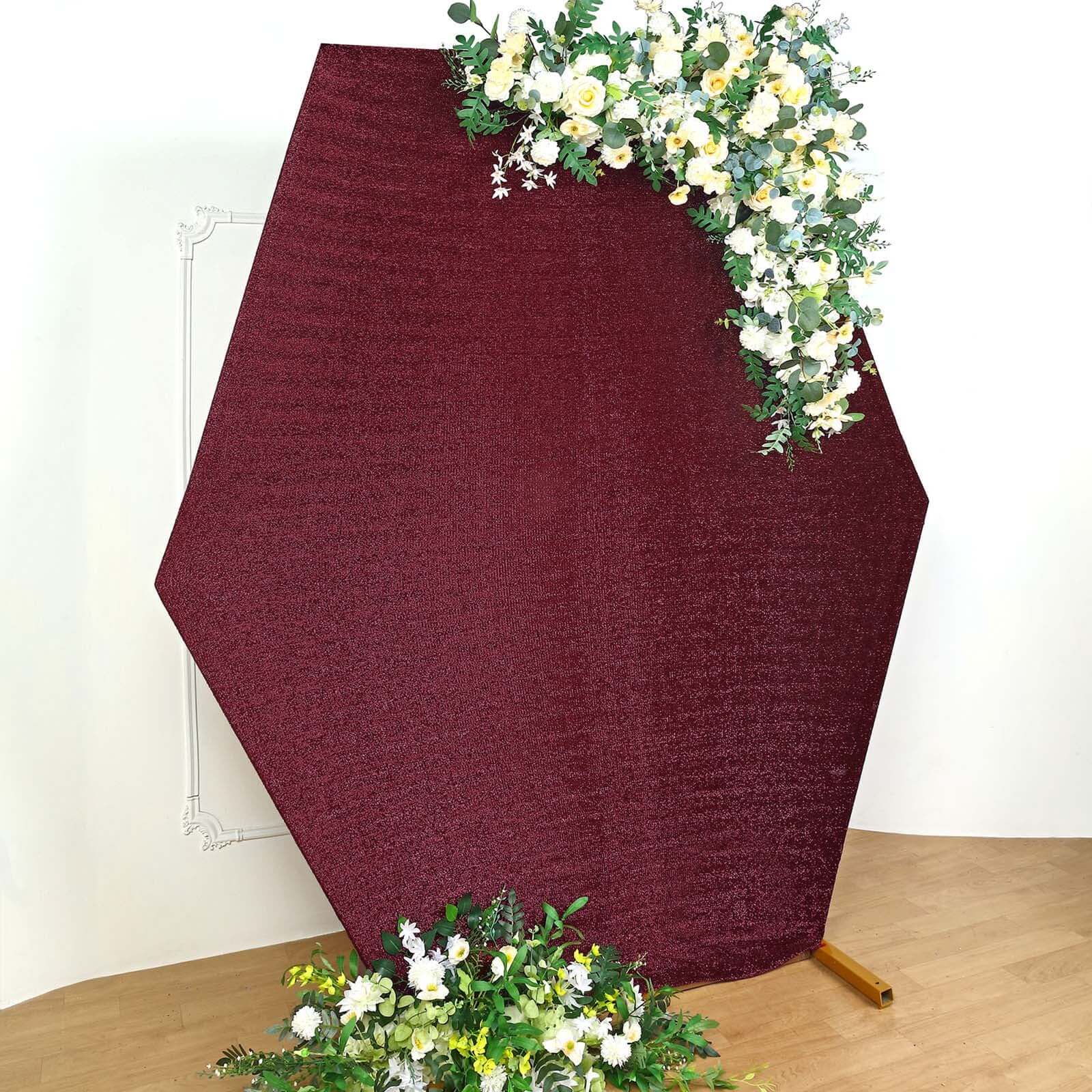 Get This 8ft x 7ft Burgundy Double - Sided Metallic Shimmer Tinsel Spandex Hexagon Wedding Arbor Cover Now!