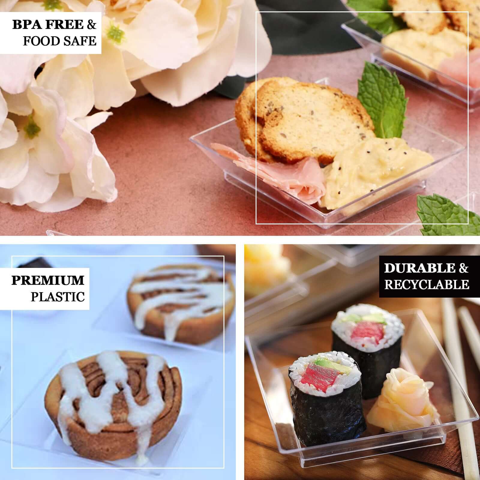 50-Pack Clear Plastic Disposable Appetizer Plates with Modern Square Design