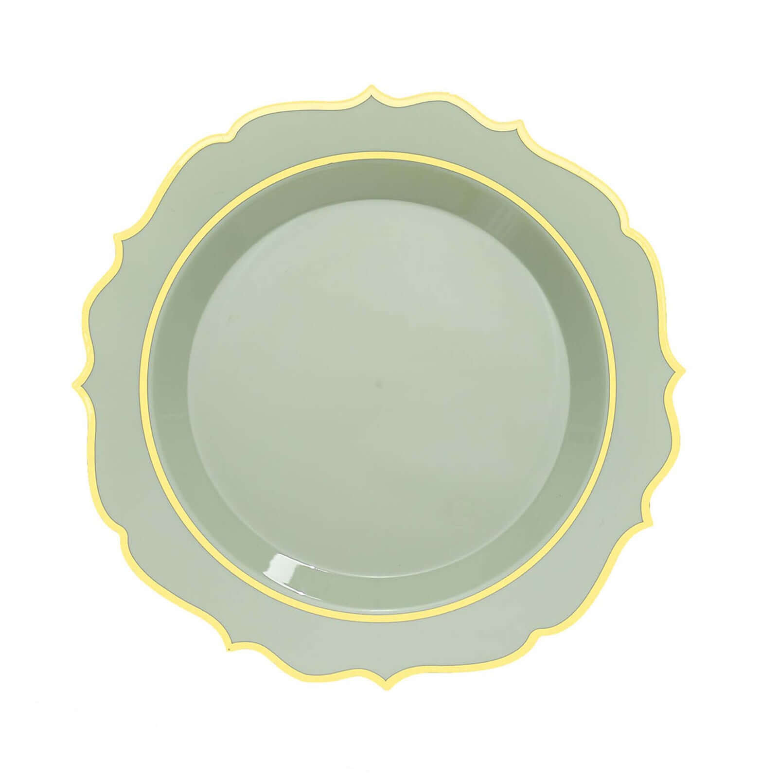 Hot Deal! 10-Pack Disposable Plastic Round Salad Plates in Sage Green with Gold Scalloped Rim, 8-Inch