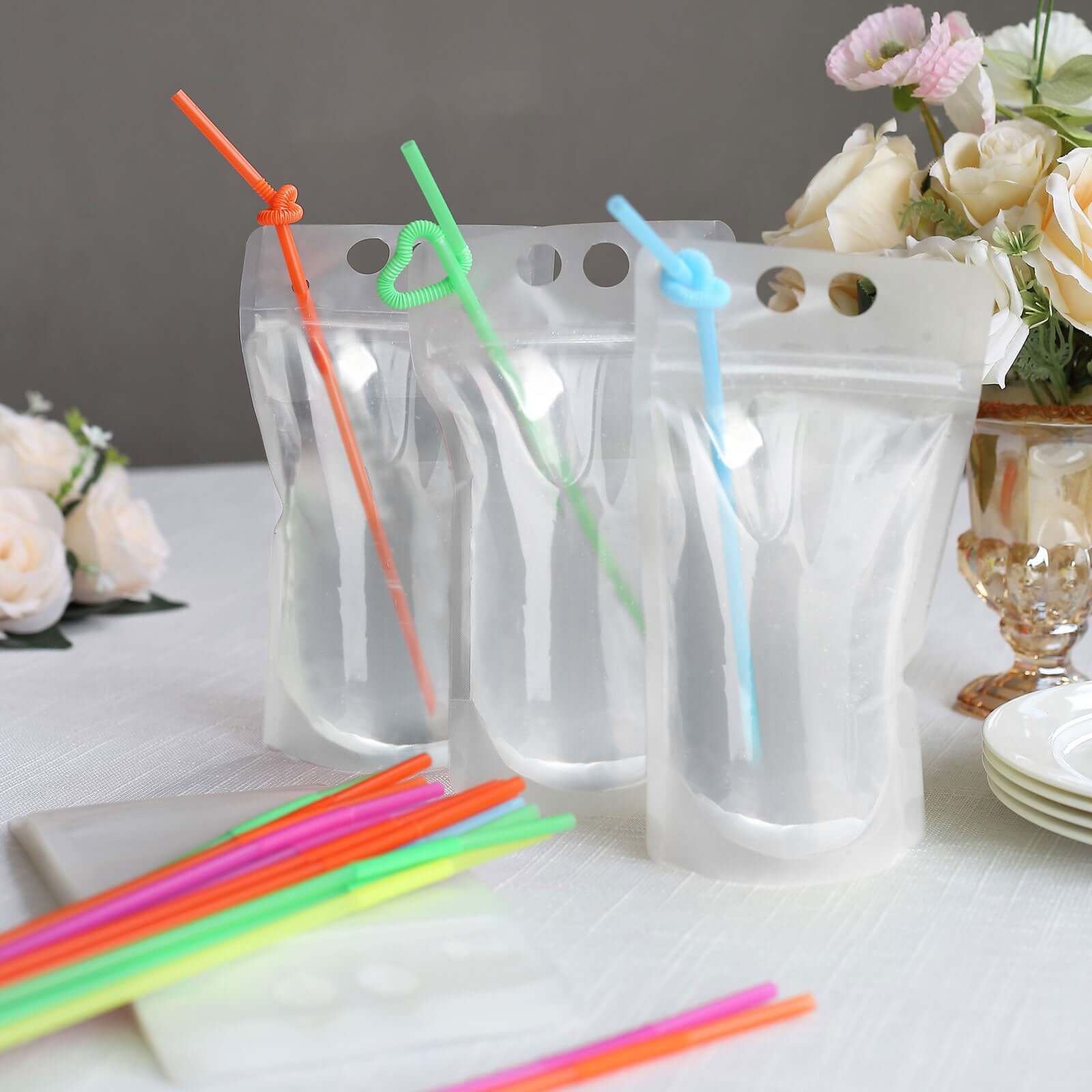 50-Pack Clear 12oz Plastic Reclosable Drink Pouches with Straws - Ideal for Travel & Festivals