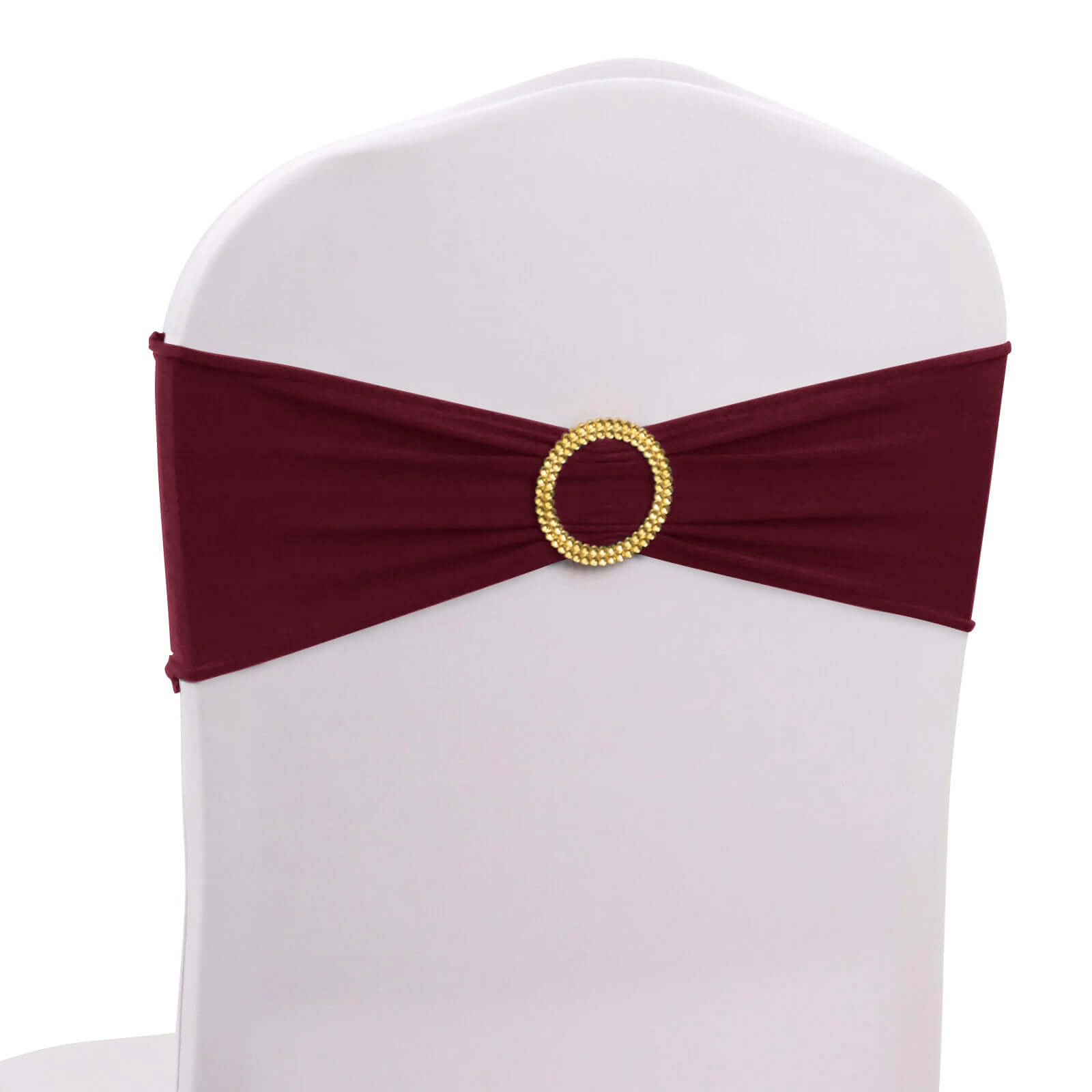 5-Pack Reusable Burgundy Spandex Chair Sashes with Gold Rhinestone Buckles - 4-Way Stretch