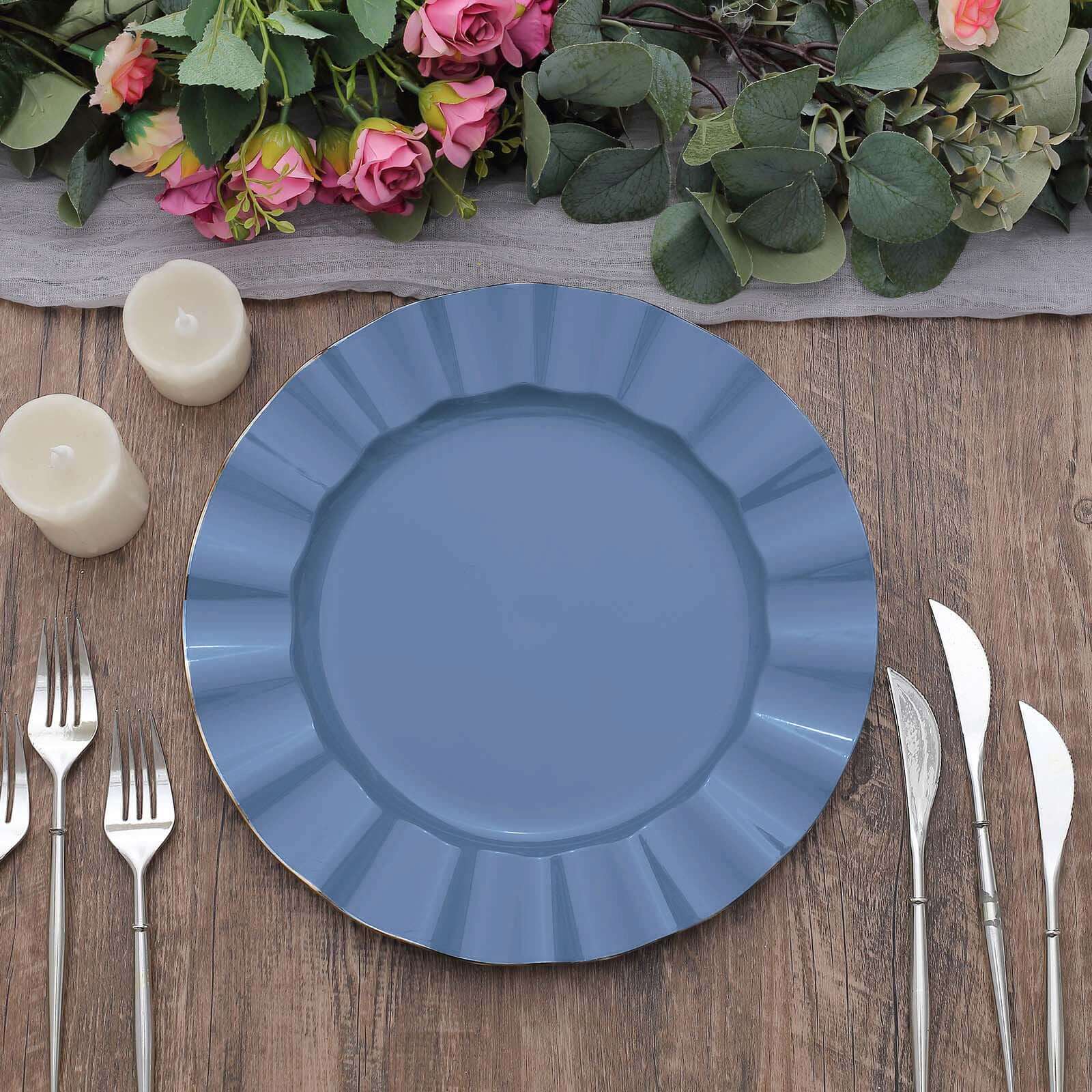 10-Piece Set of Sturdy Disposable Ocean Blue Round Dinner Plates with Gold-Rimmed Ruffled Edges