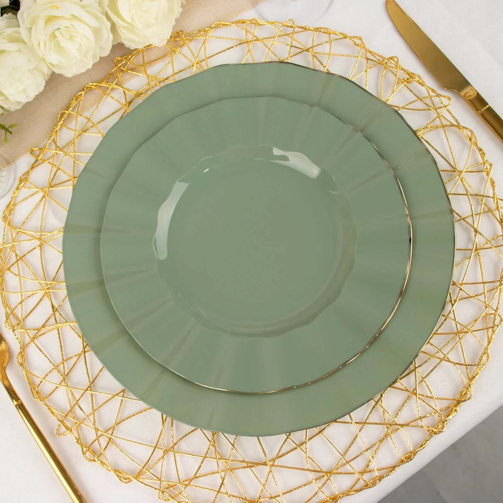 10-Piece Set of Sturdy Disposable 9-Inch Round Dinner Plates in Dusty Sage Green with Gold-Rimmed Ruffle