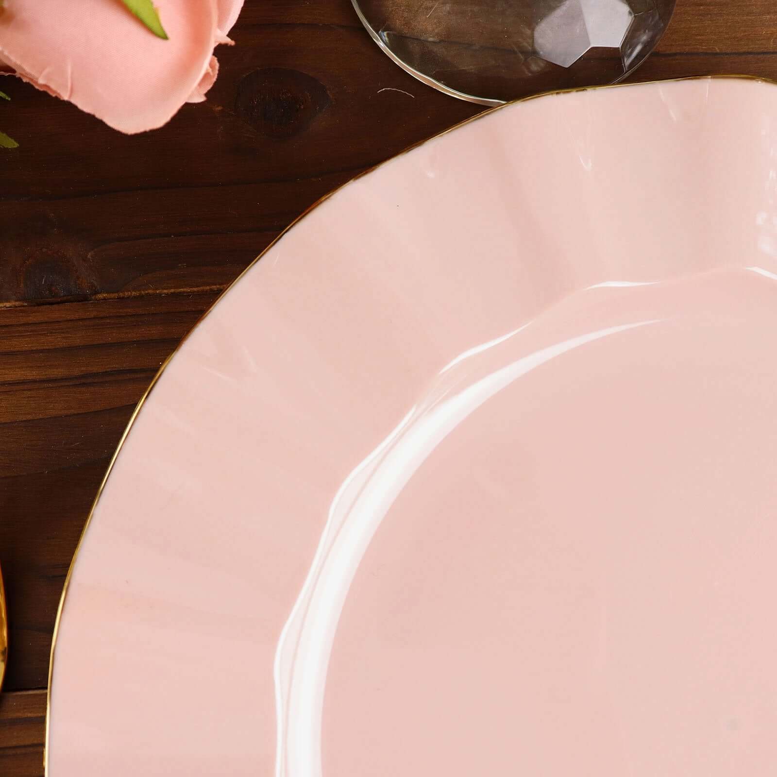 10-Piece Set of Sturdy Blush Plastic Round Dinner Plates with Gold Ruffled Edging