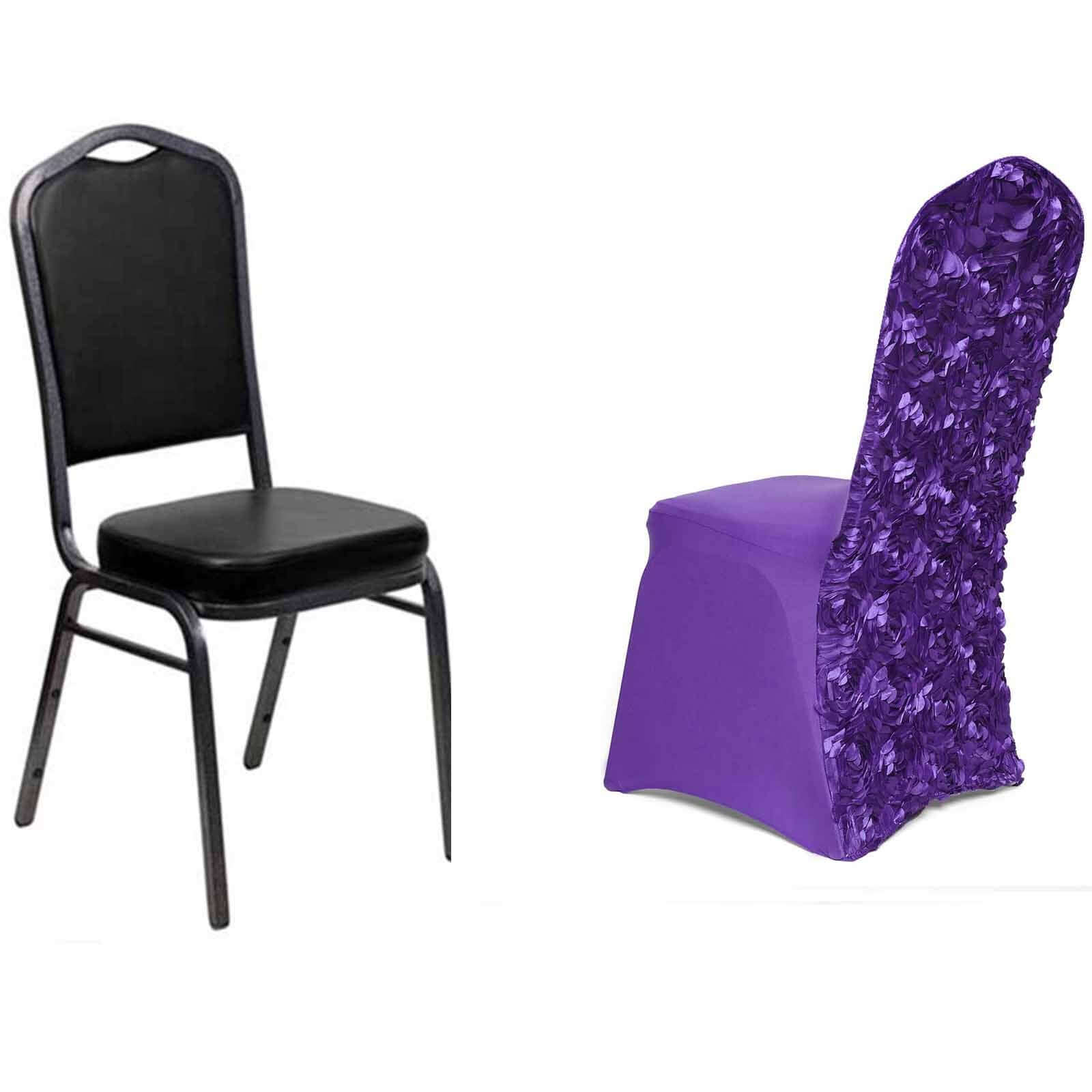 Purple Satin Rosette Stretch Slip-On Chair Cover for Banquets - Elegant & Durable
